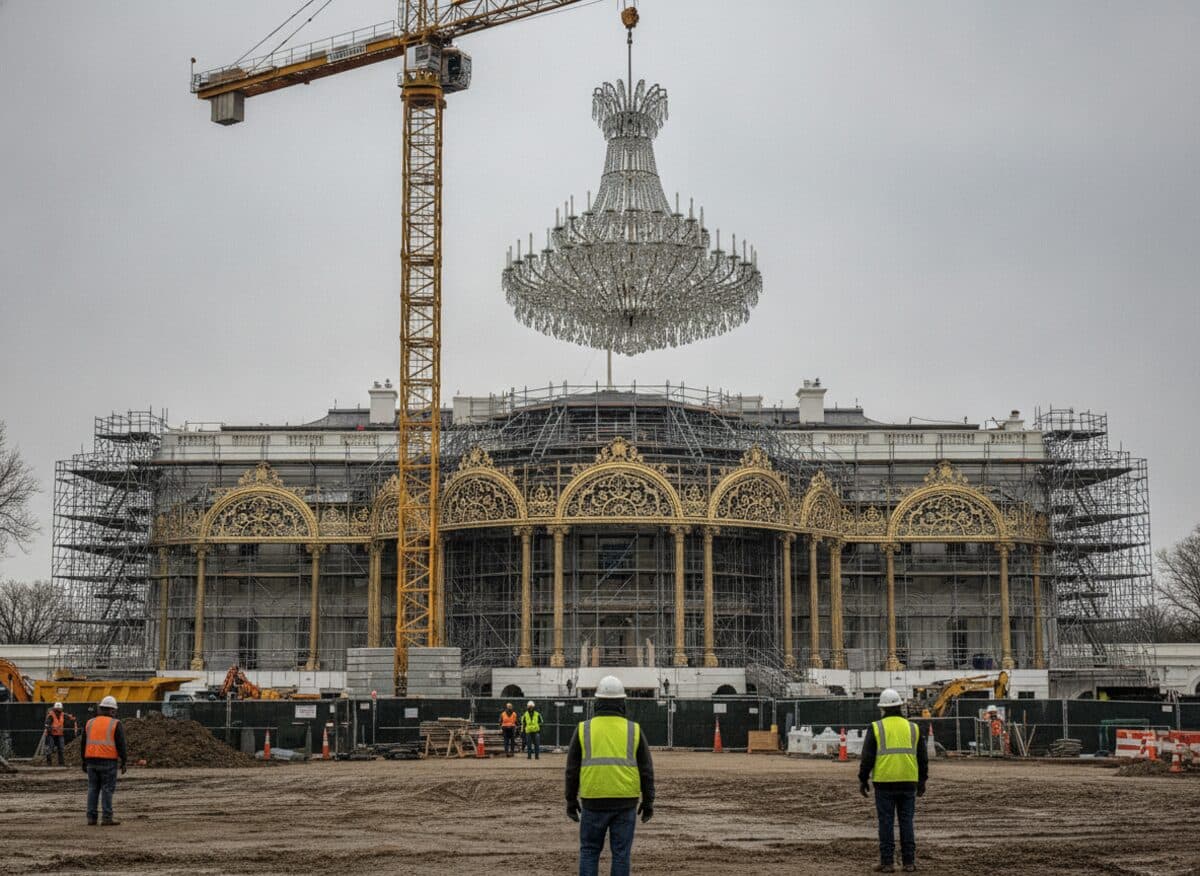 A Double Standard Press wire photo — a crystal chandelier craned onto a grand building under renovation; the joke lives in the staged scene, not in any recognizable face