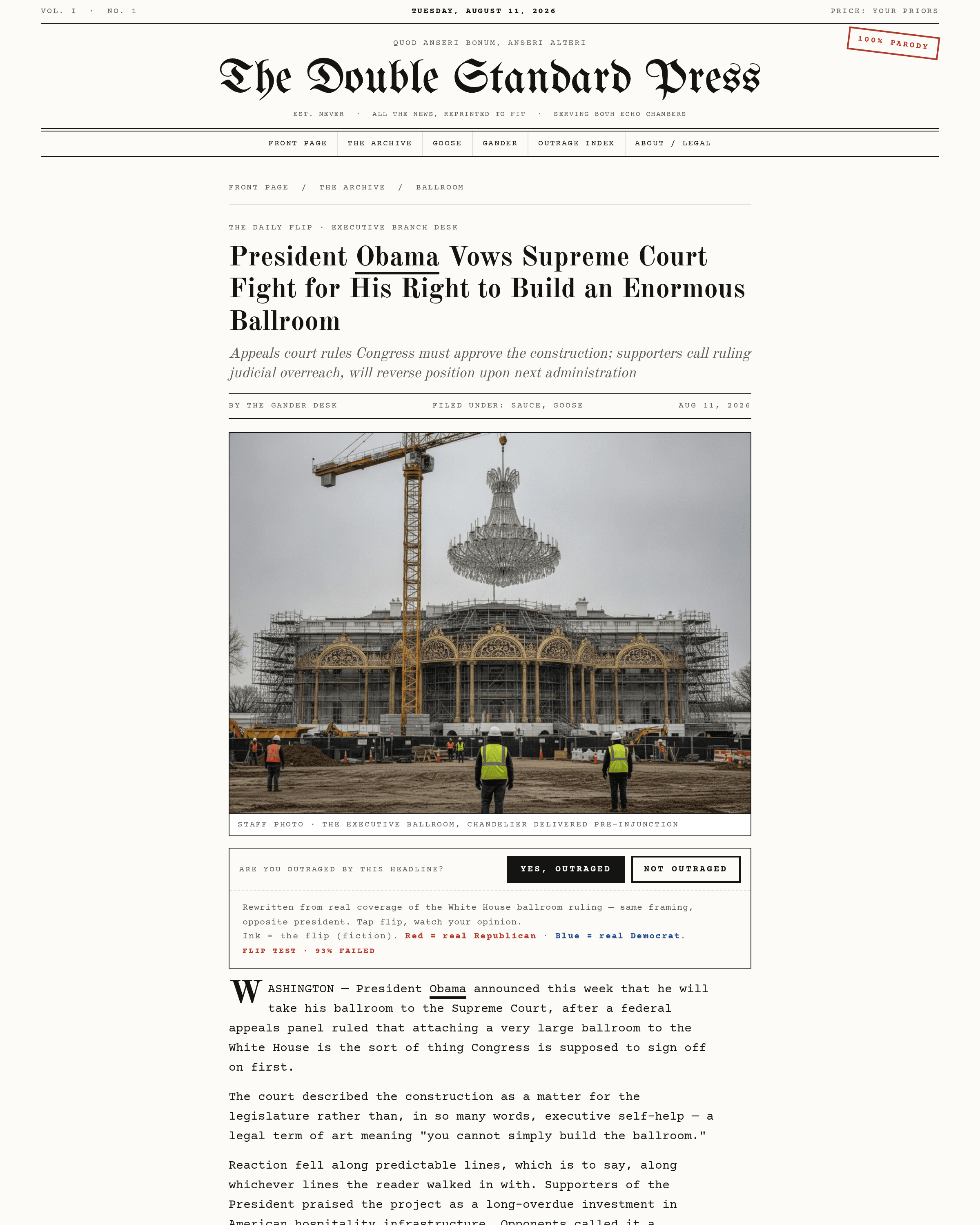 A Double Standard Press article — the flipped headline, press photo, the Outrage Meter vote, body copy, and “The Receipts” disclosing the real actor and source