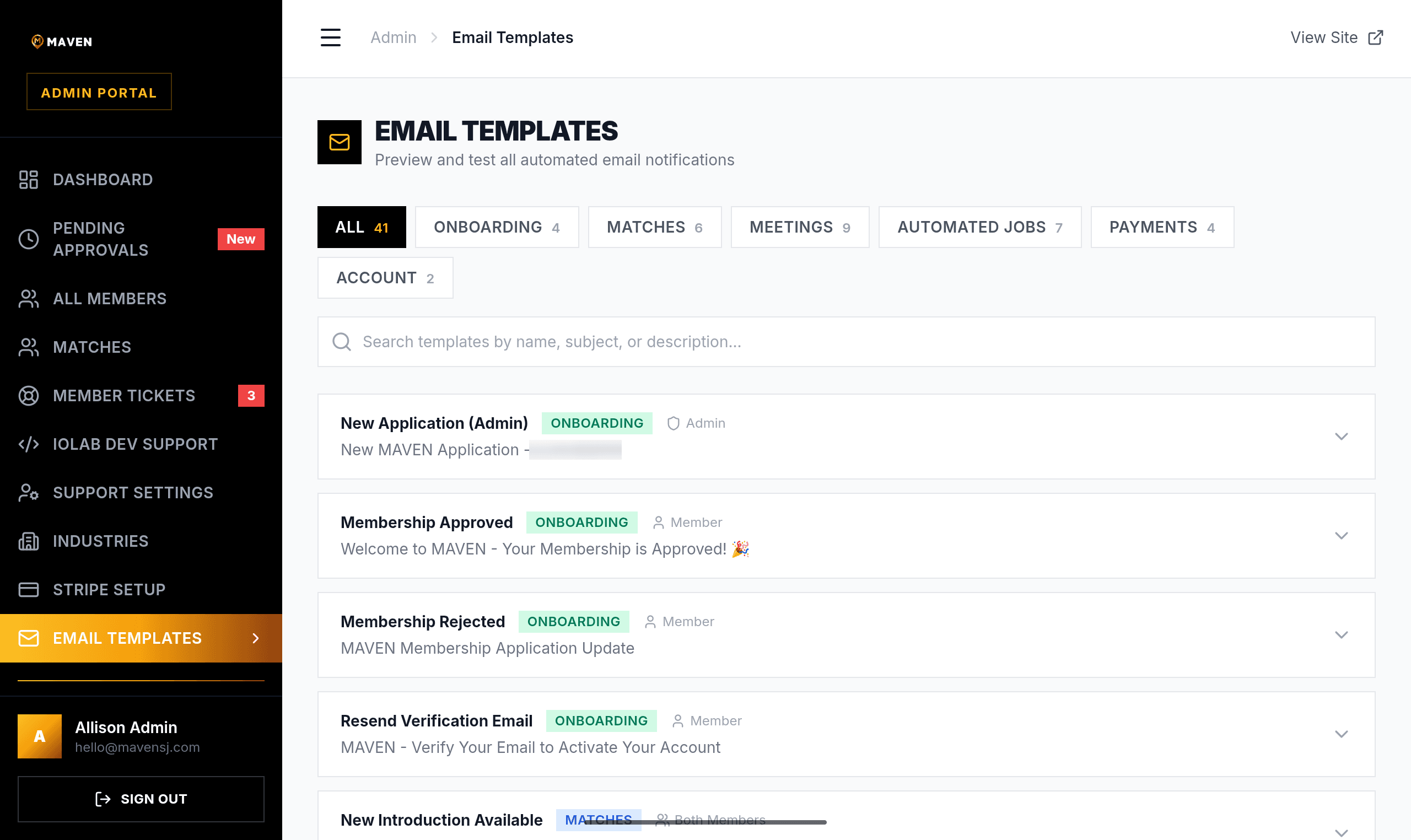 The Maven admin email-templates library showing automated onboarding, match, meeting, and payment notifications