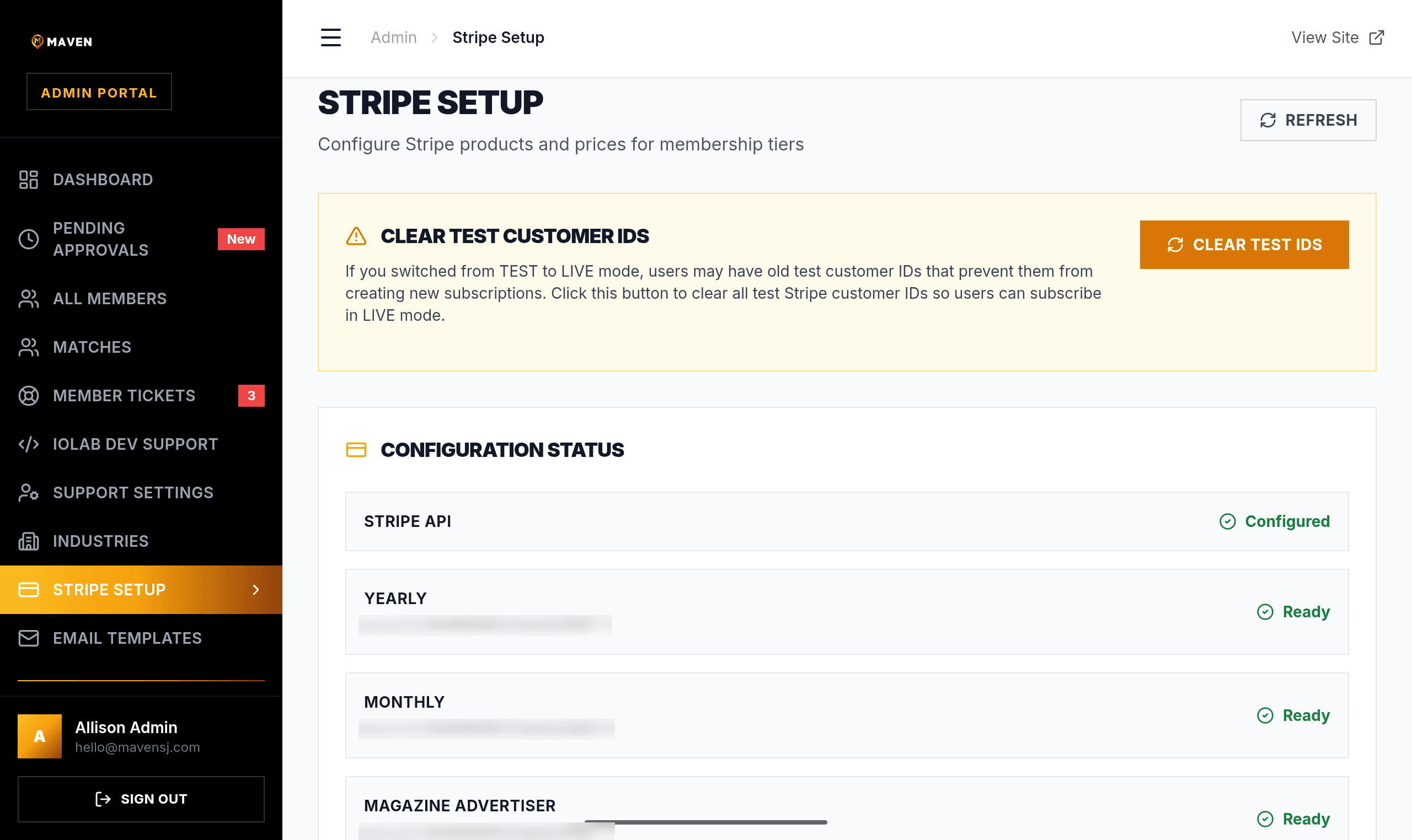 The Maven admin Stripe setup screen for recurring monthly membership billing