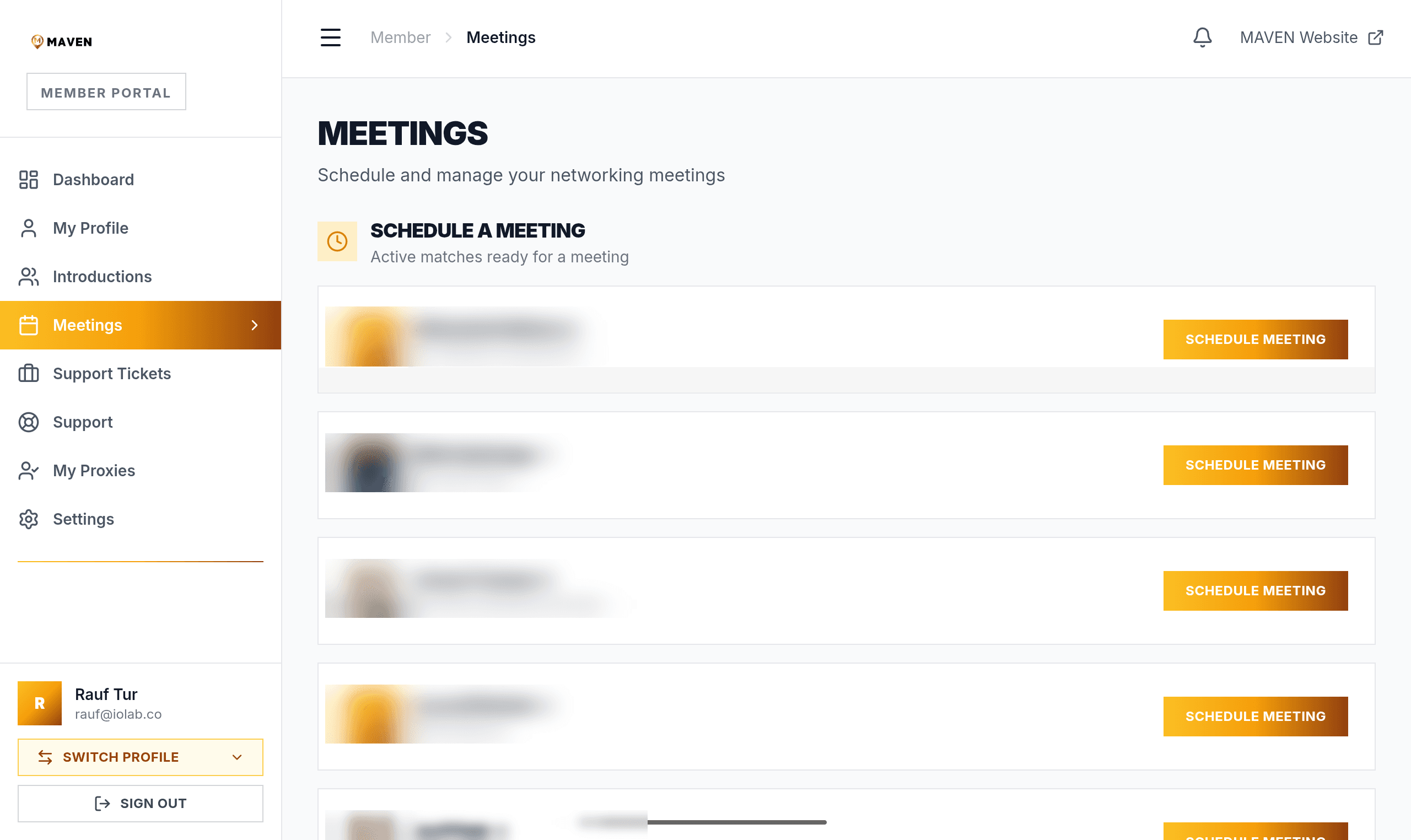 The Maven member meetings screen showing curated matches ready to schedule a 1:1 networking meeting