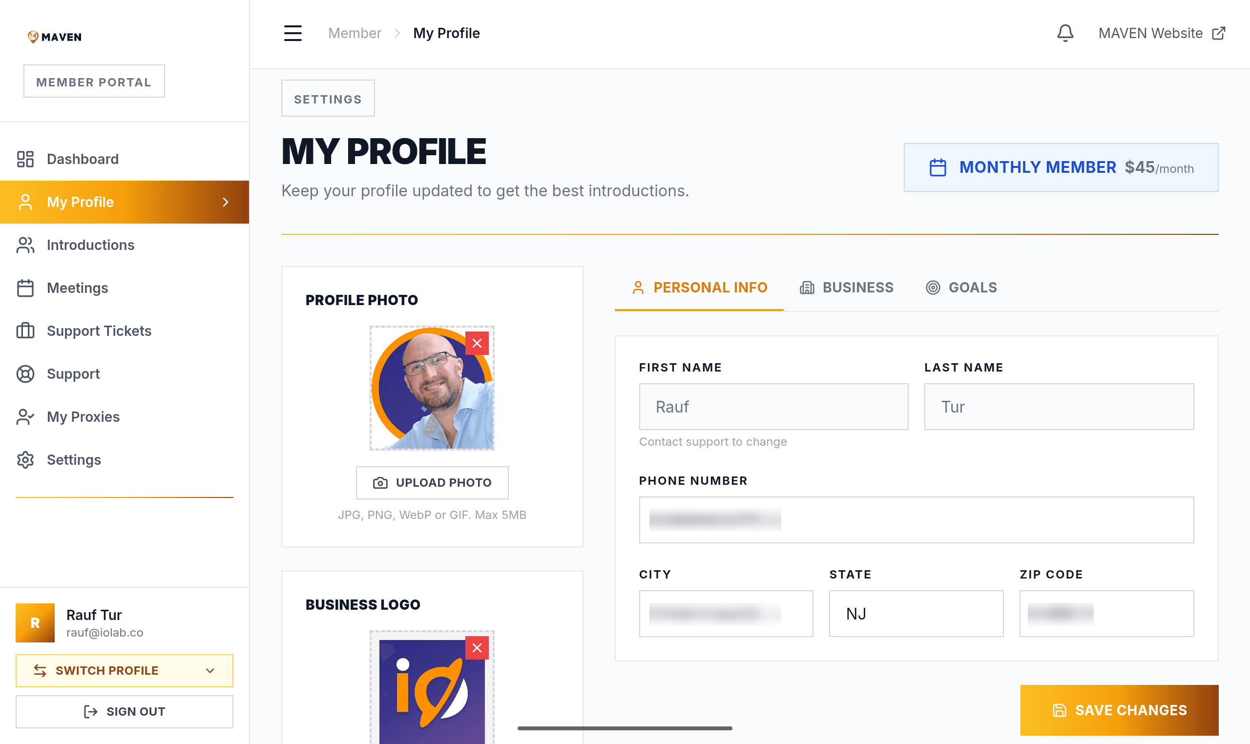 A Maven member profile with personal info, business details, goals tabs, and monthly membership status