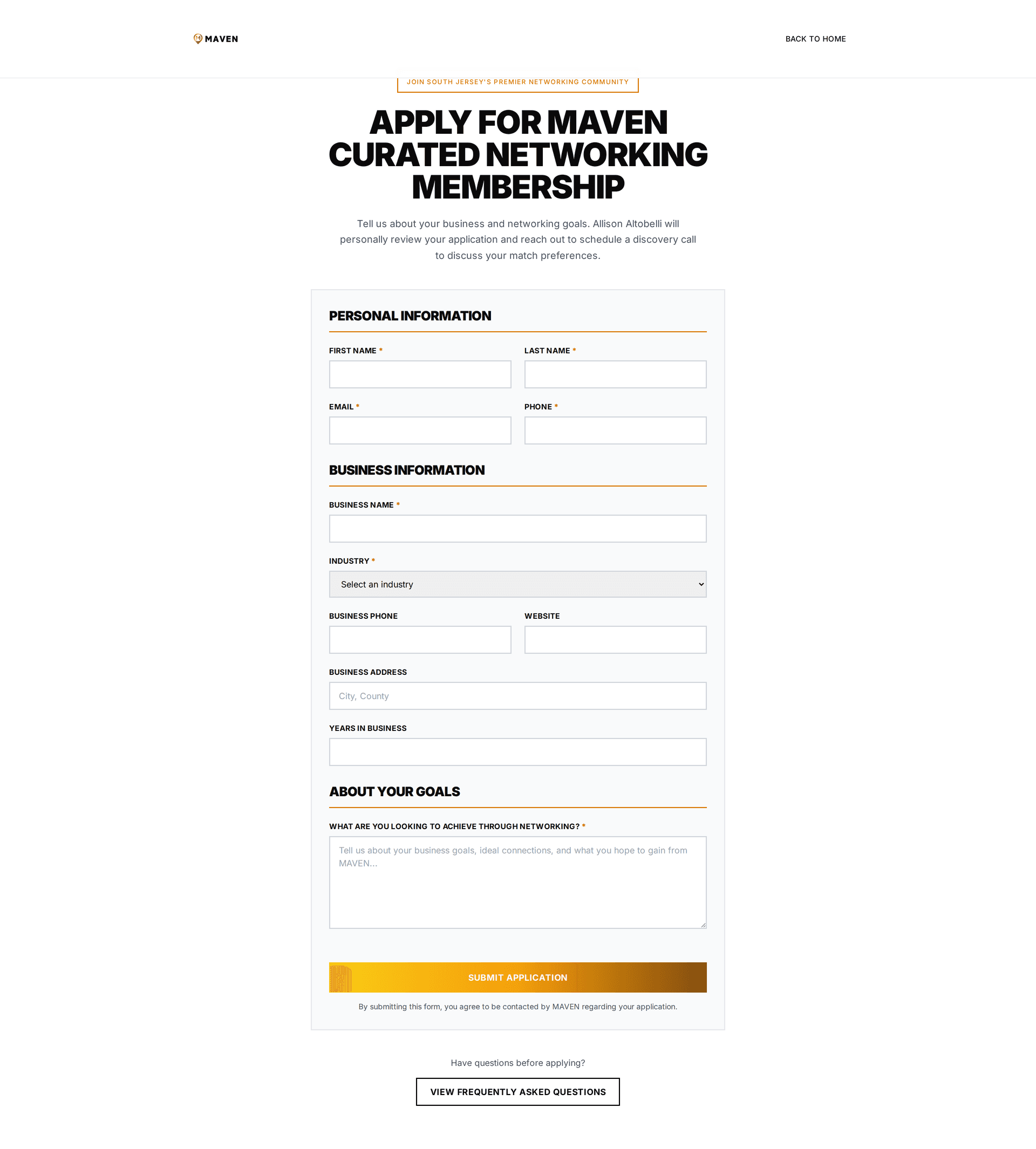 The Maven membership application form — personal, business, and networking-goals fields for South Jersey applicants