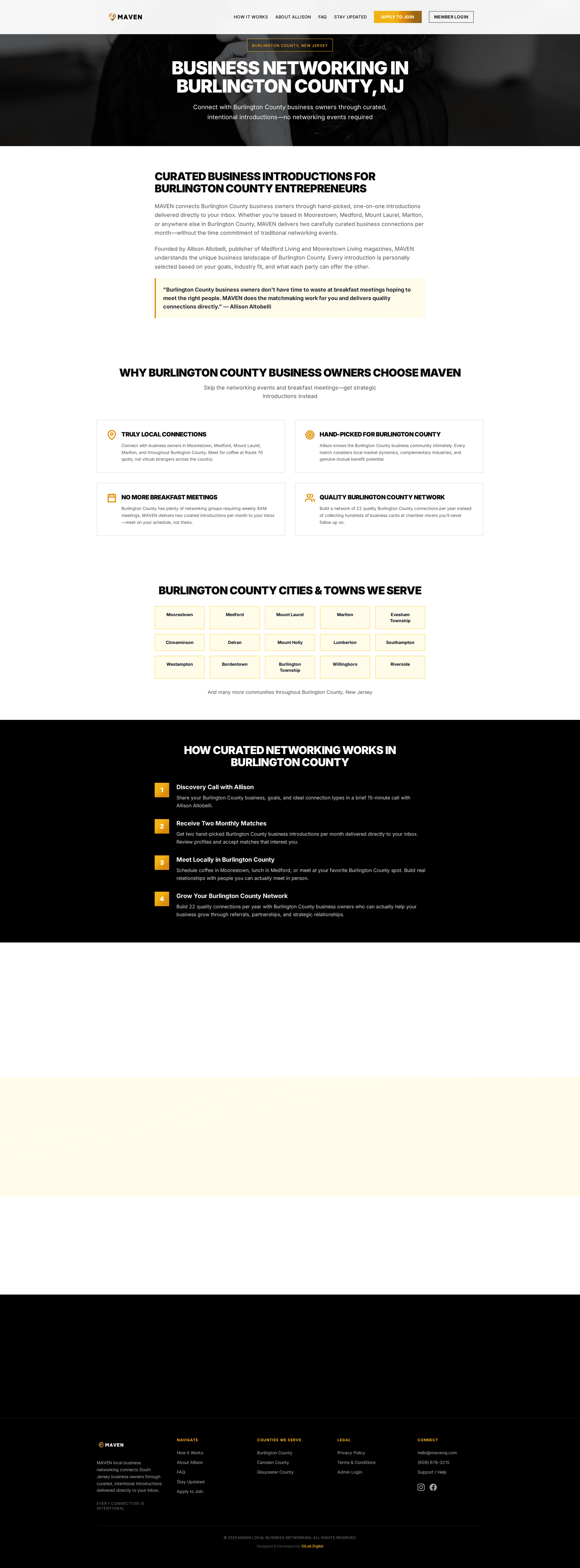 A Maven county landing page targeting Burlington County business networking