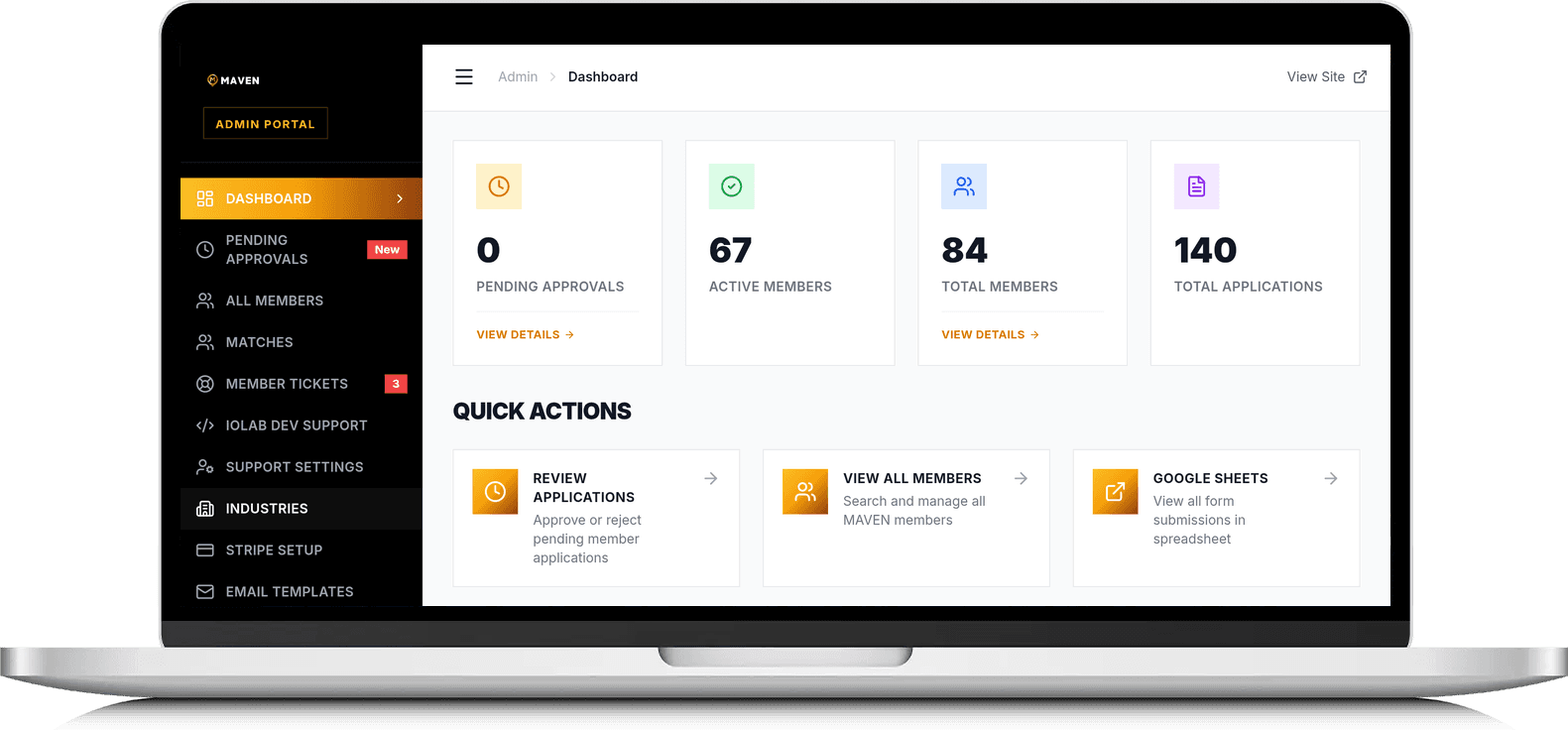 The Maven admin curation portal shown on a laptop — dashboard with pending approvals, members, and matches