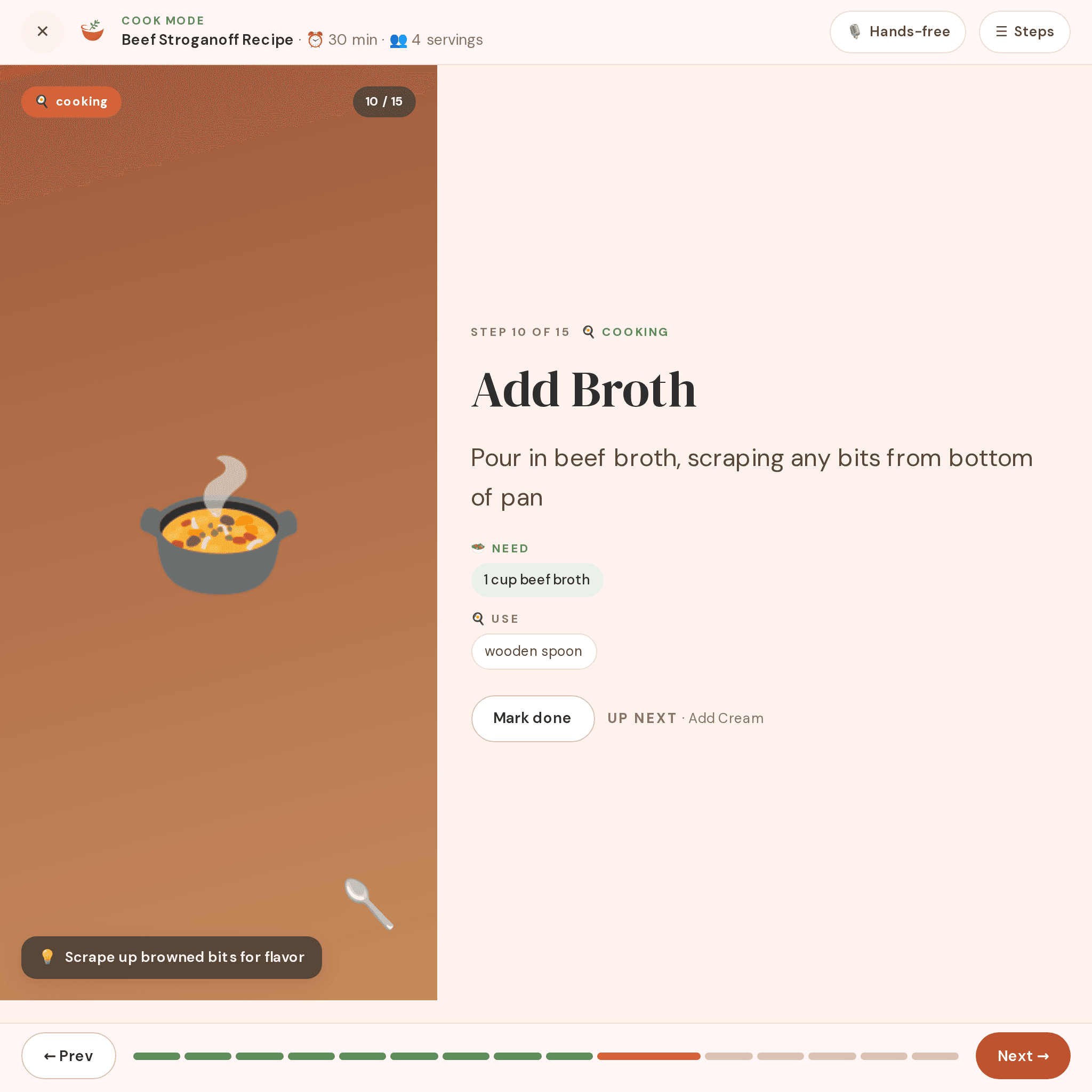 Meez Cook Mode step — Add broth