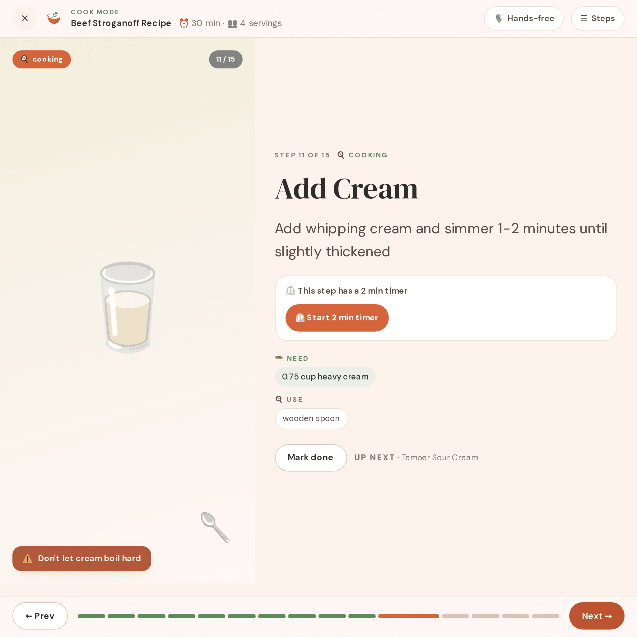 Meez Cook Mode step — Add cream