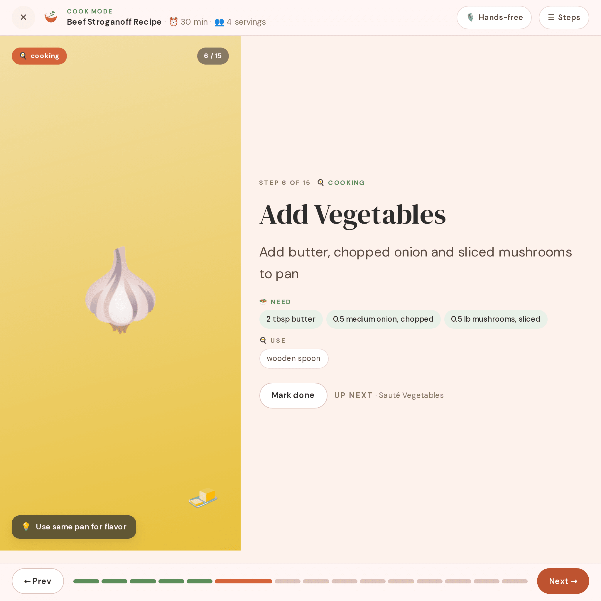 Meez Cook Mode step — Add vegetables