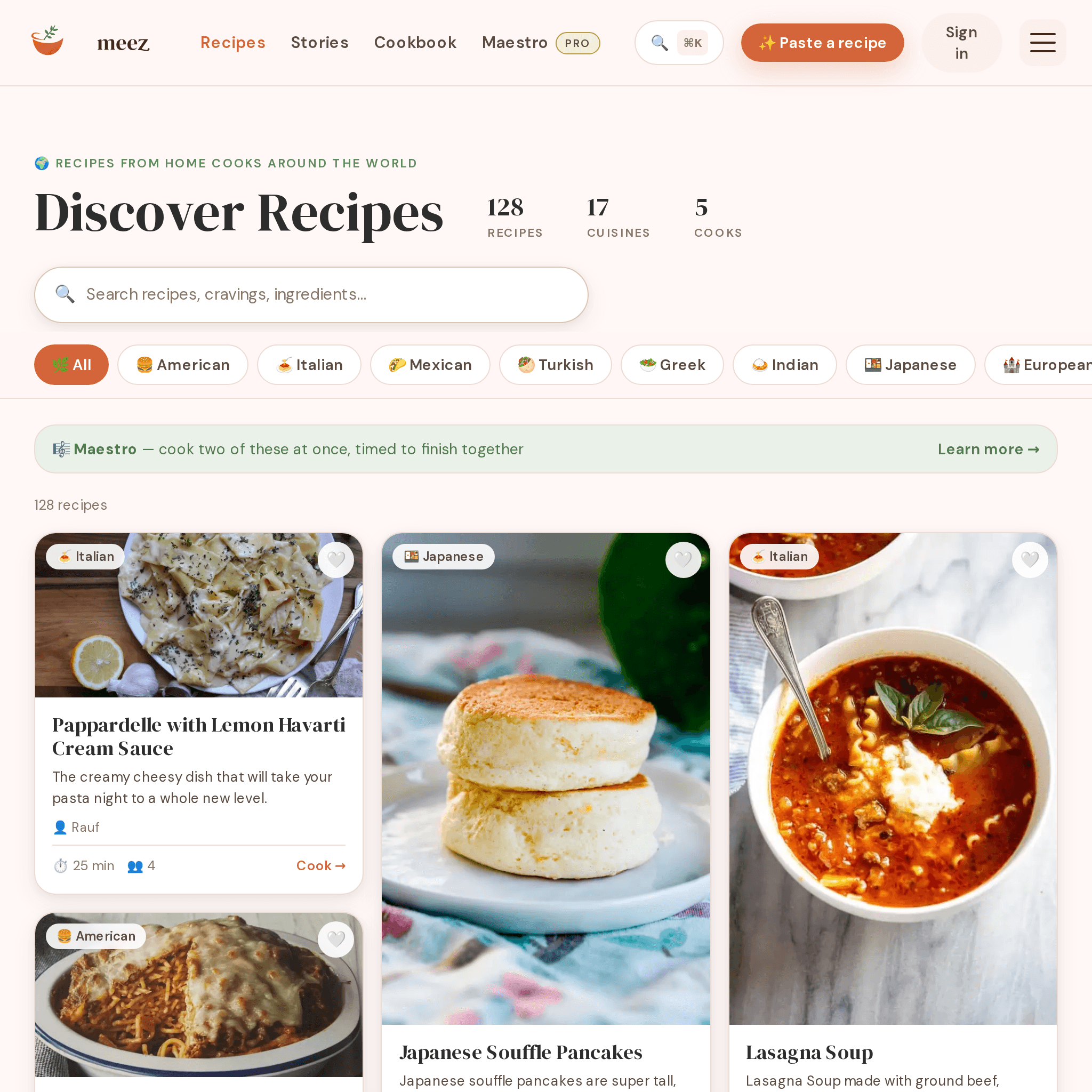 The Meez discover feed showing a live community stream of recipes imported by other home cooks