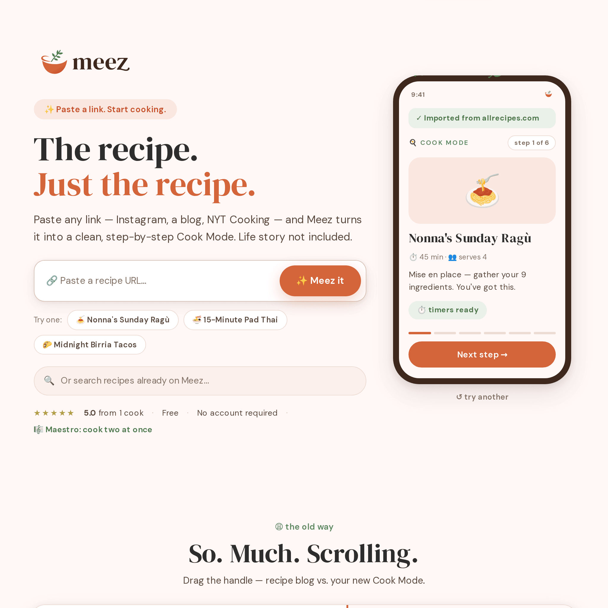 The Meez landing page hero — paste a recipe link to start cooking