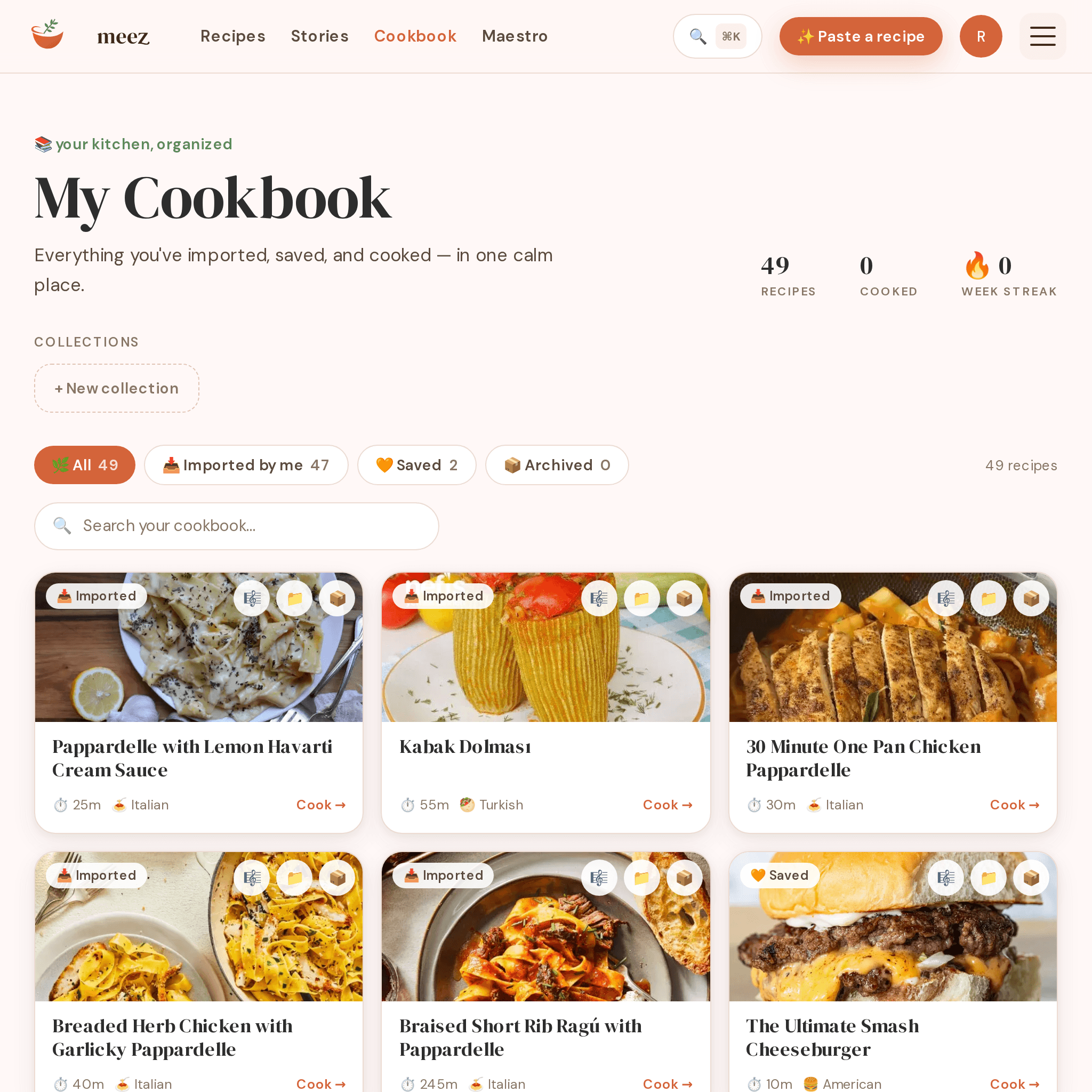 A user's personal Meez cookbook of saved and imported recipes