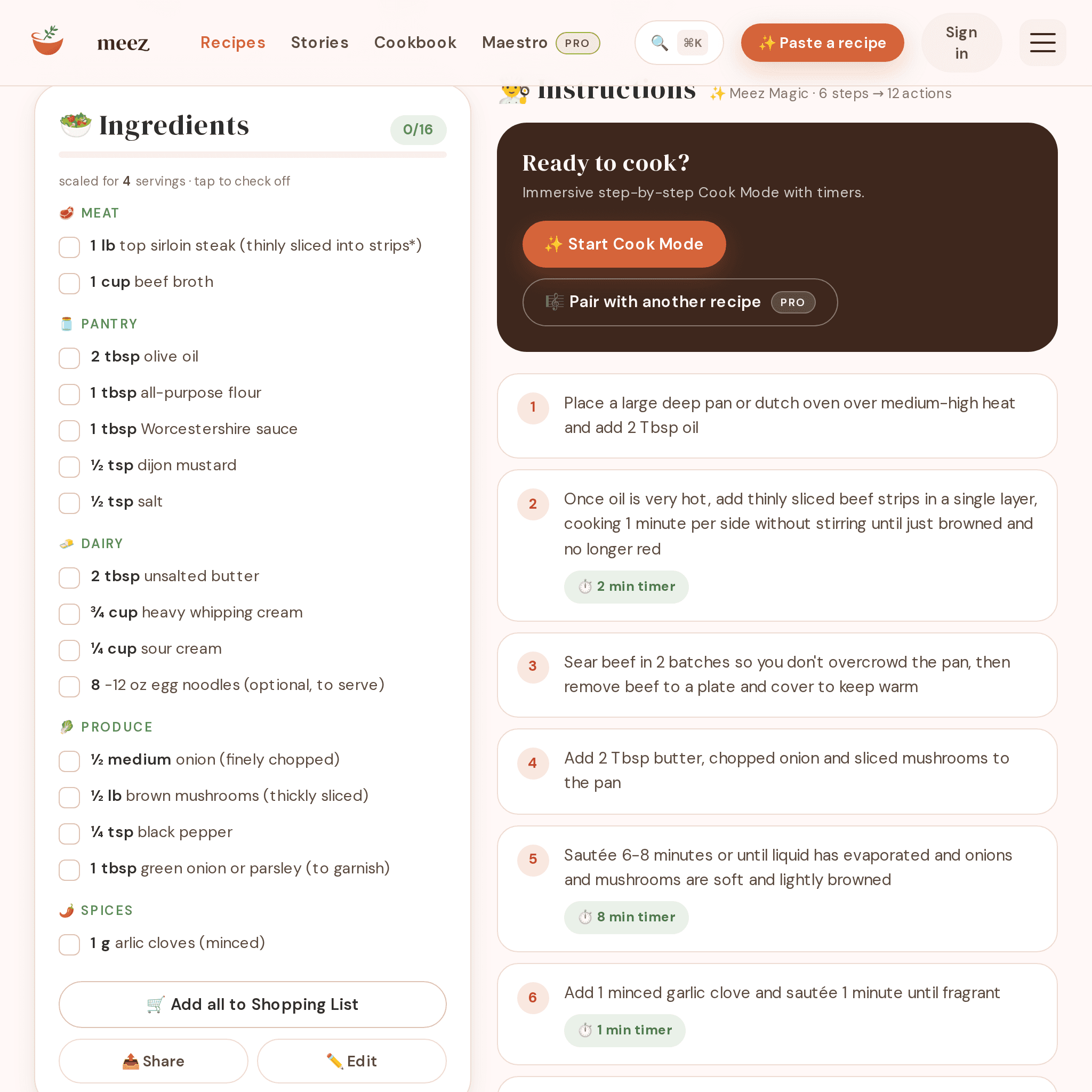 A Meez recipe ingredients view