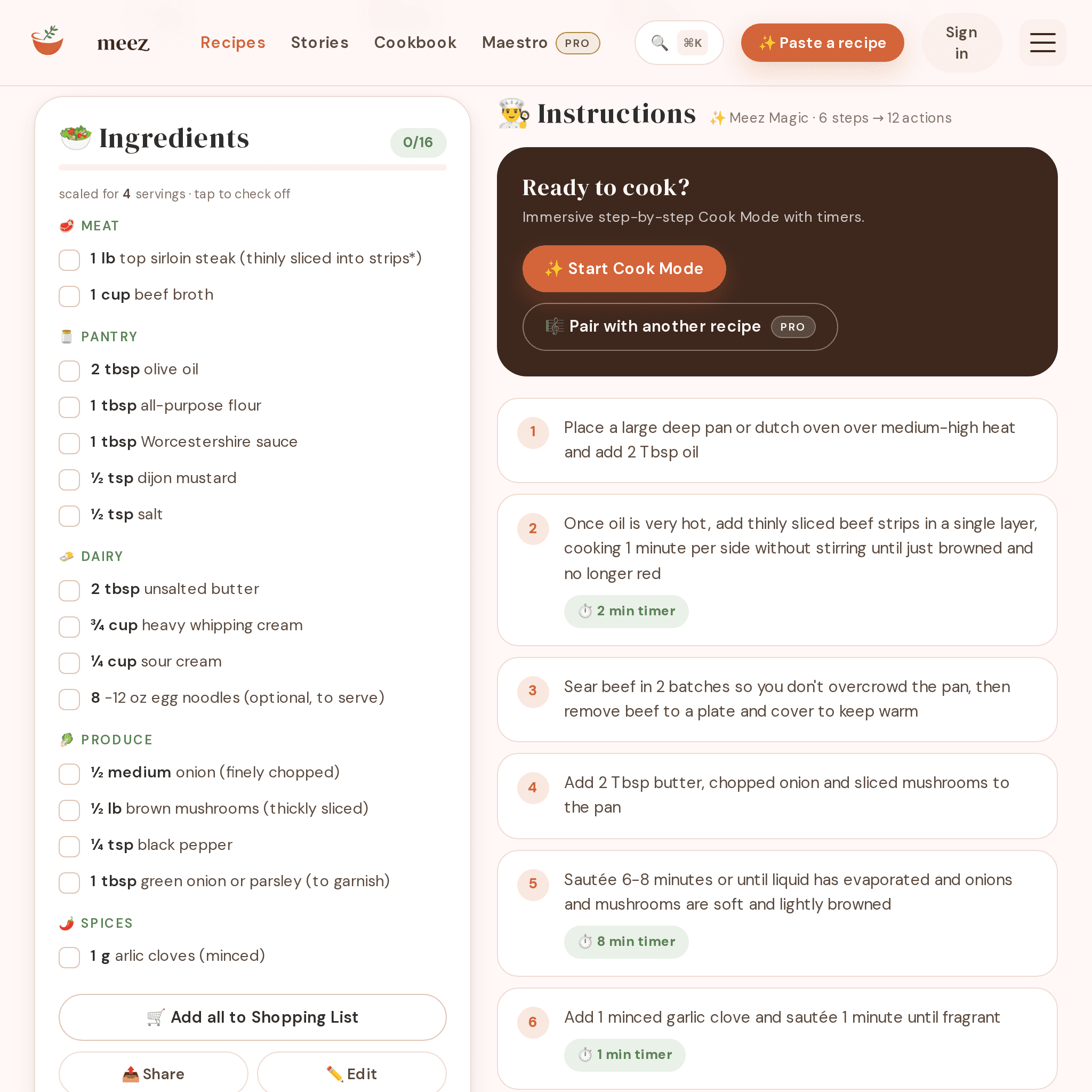 A Meez recipe step-by-step instructions view