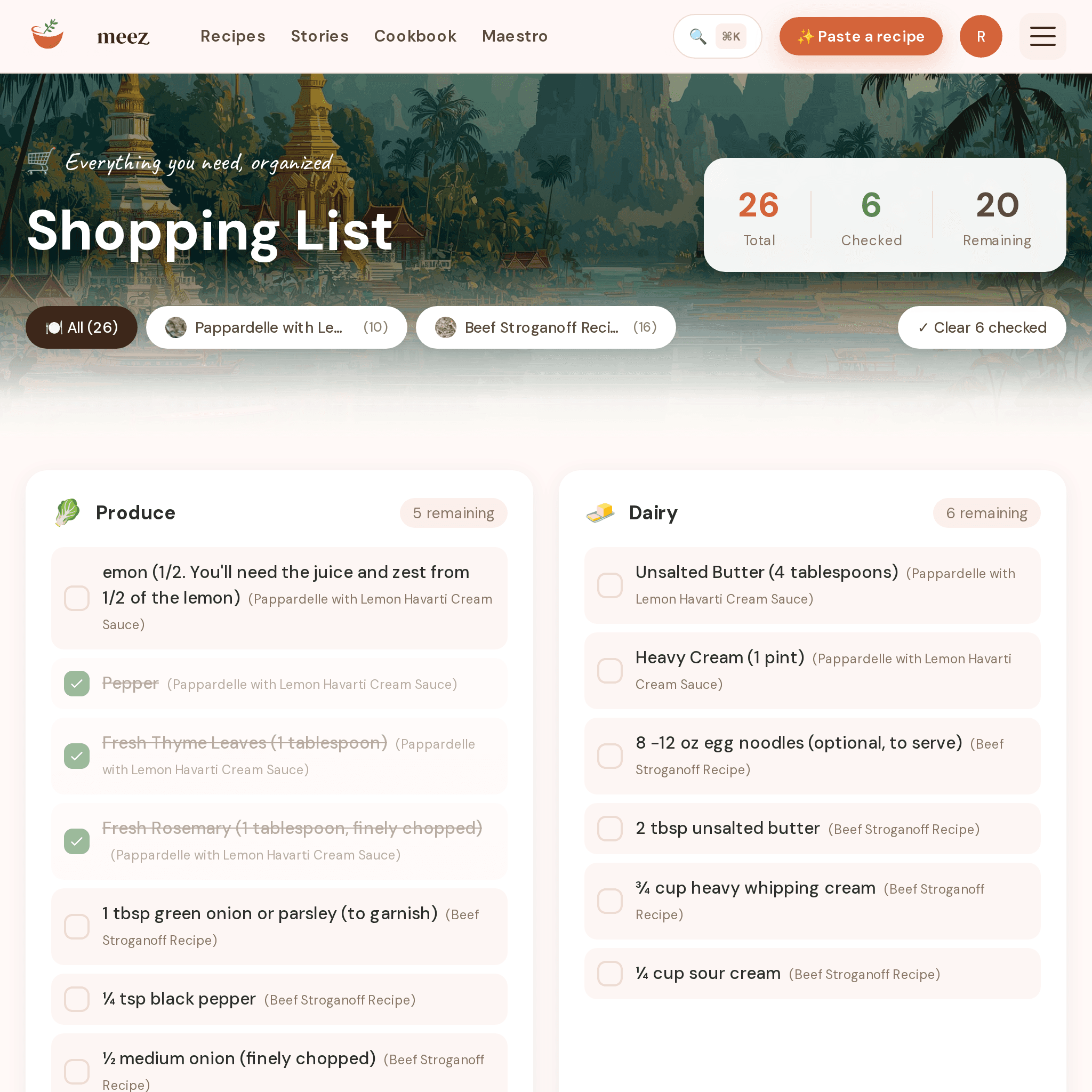 The Meez smart shopping list grouped by grocery aisle with a serving scaler and check-offs