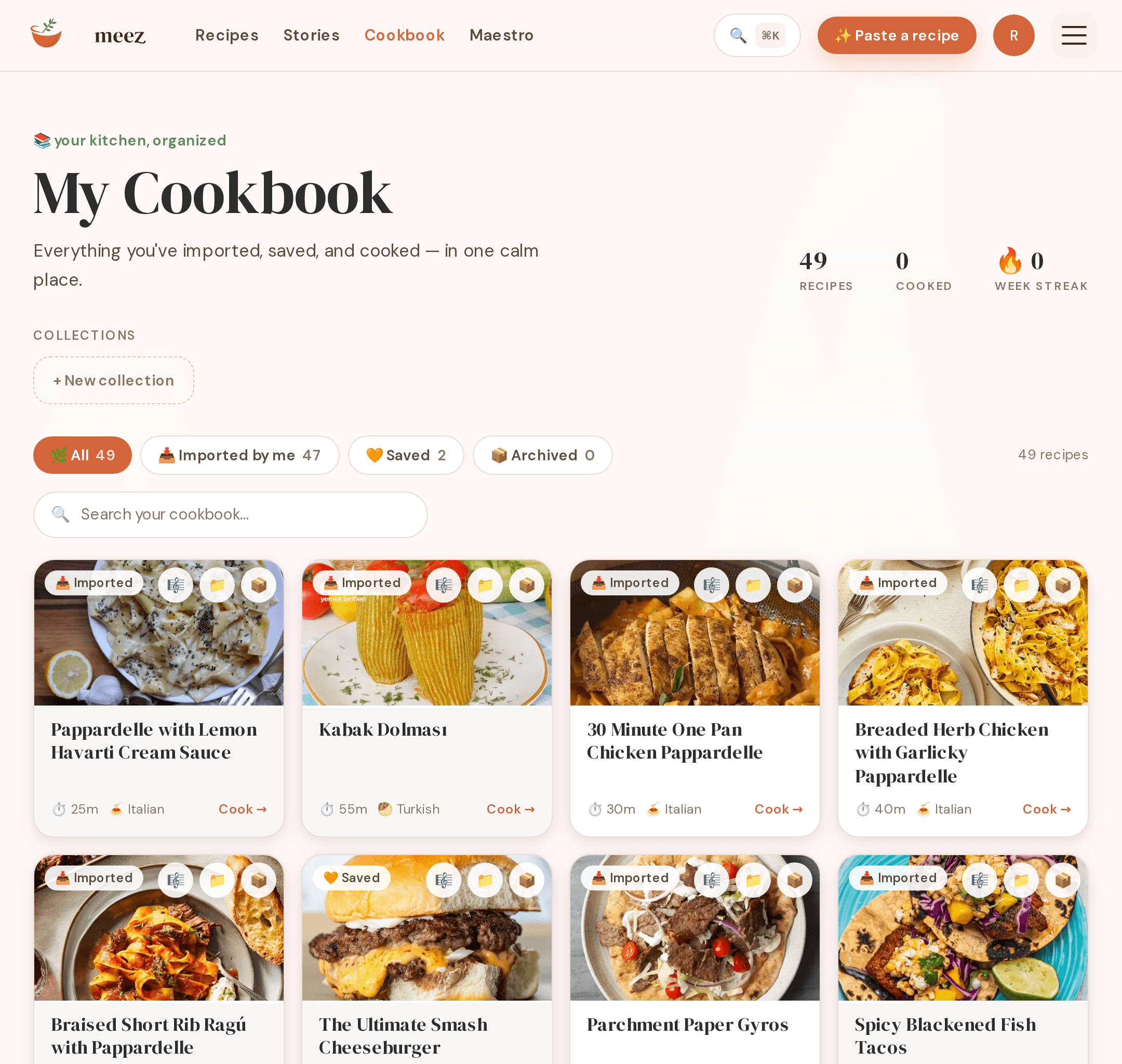 The Meez cookbook shown on a tablet — a warm, cuisine-themed recipe collection