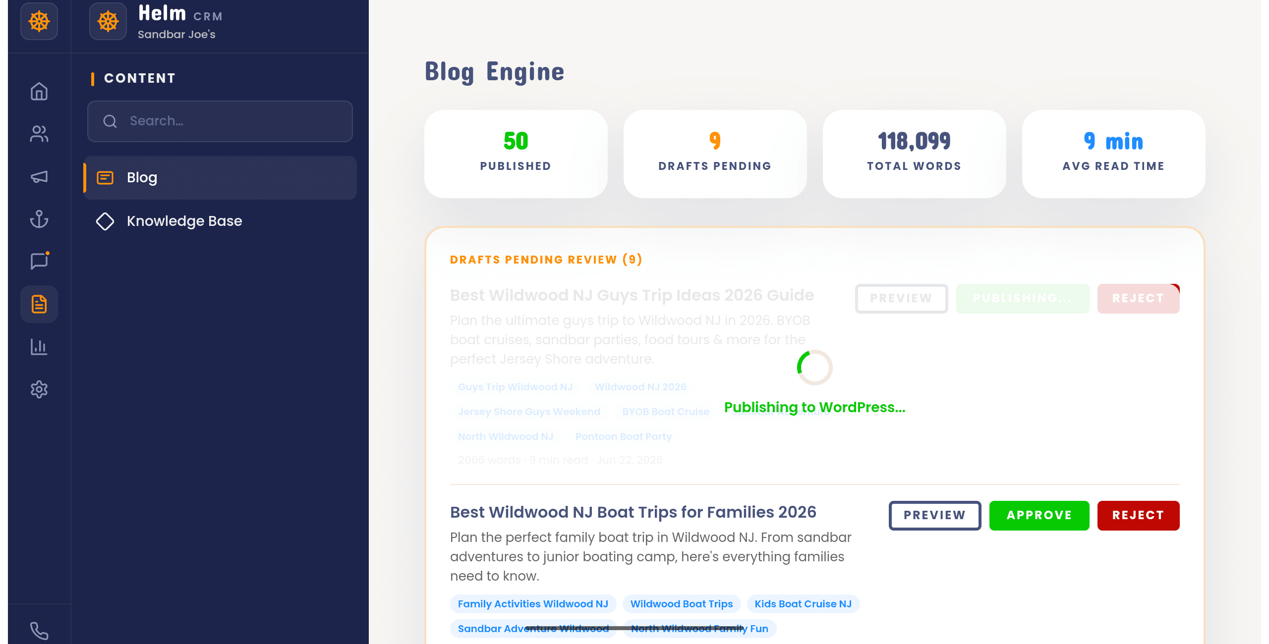 The Helm CRM content and blog engine for Sand Bar Joe's, generating local-SEO articles for Wildwood charters