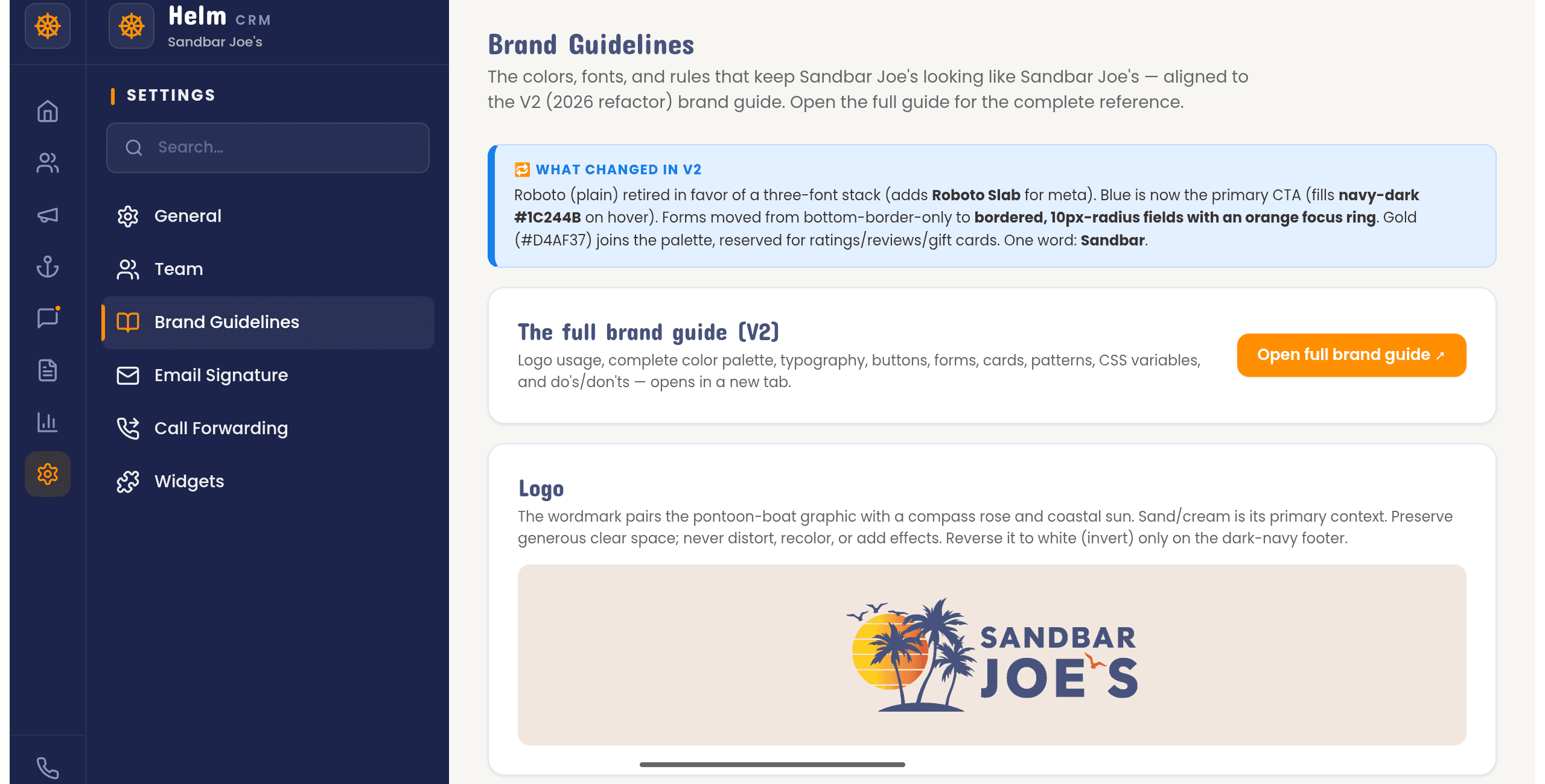 The Helm CRM brand guidelines for Sand Bar Joe's — the codified brand system