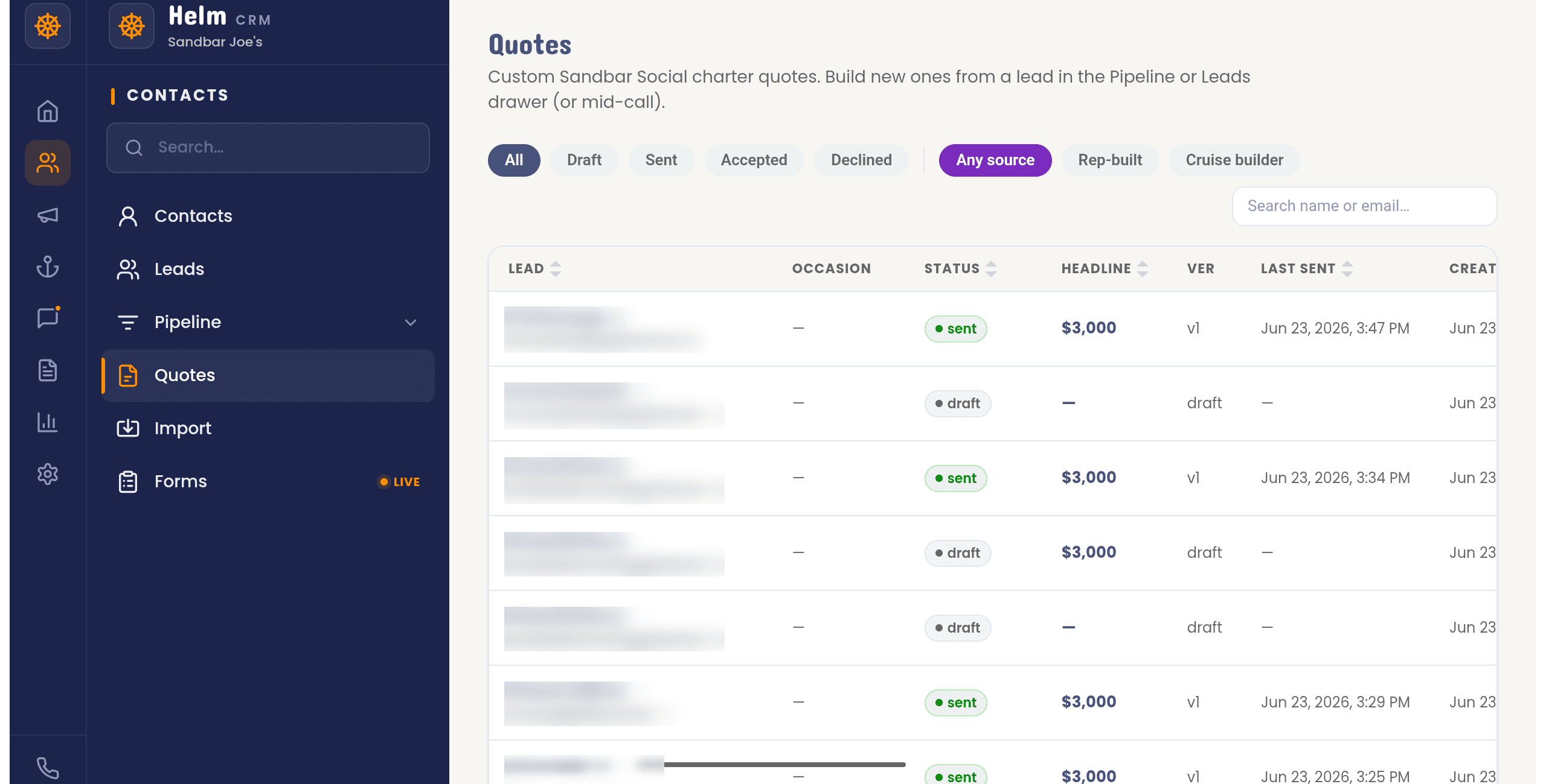 The Helm CRM quotes screen showing custom charter quotes with draft, sent, and accepted statuses