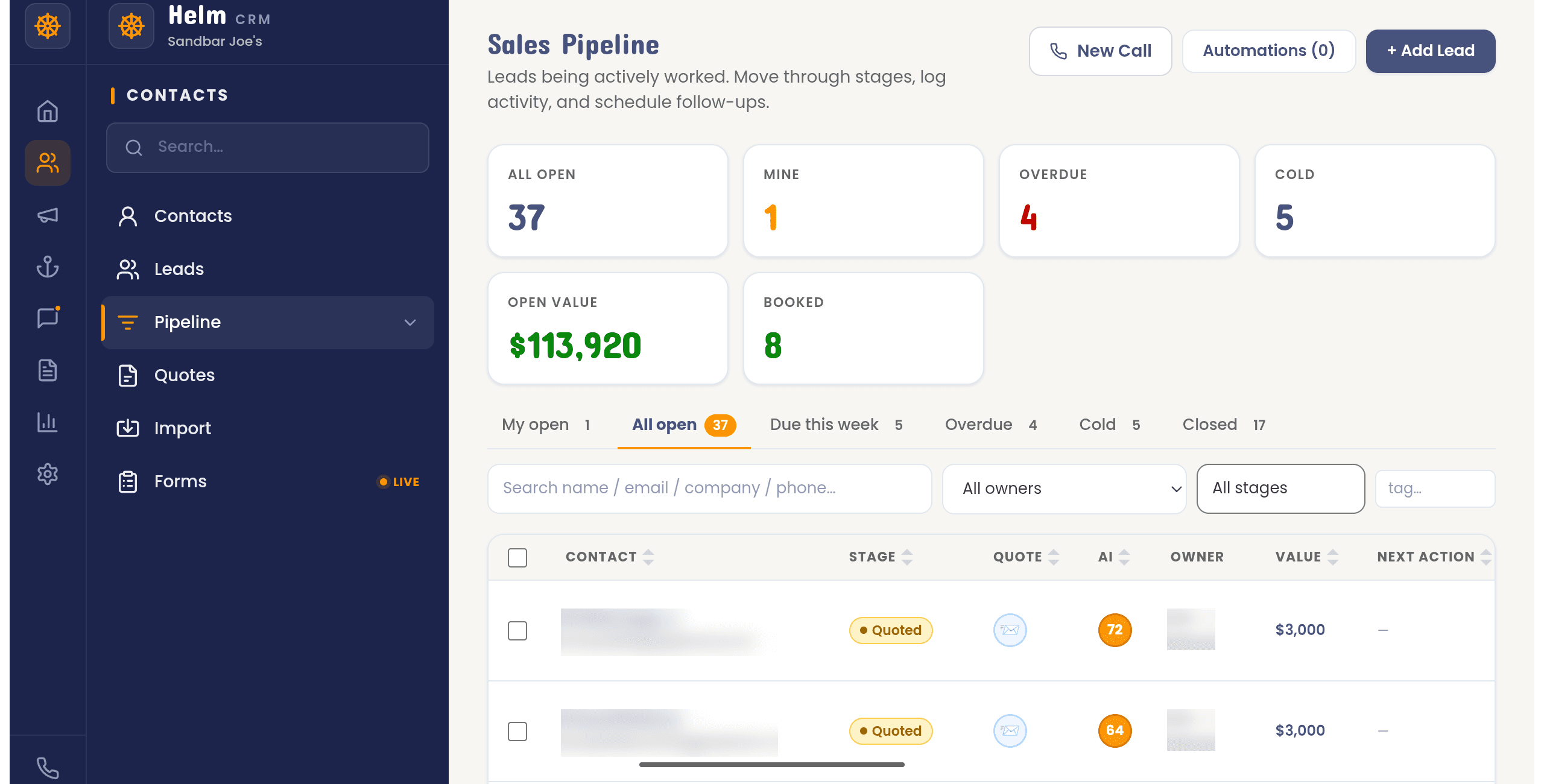 The Helm CRM sales pipeline for Sand Bar Joe's with open value, overdue and cold leads, and AI lead scoring