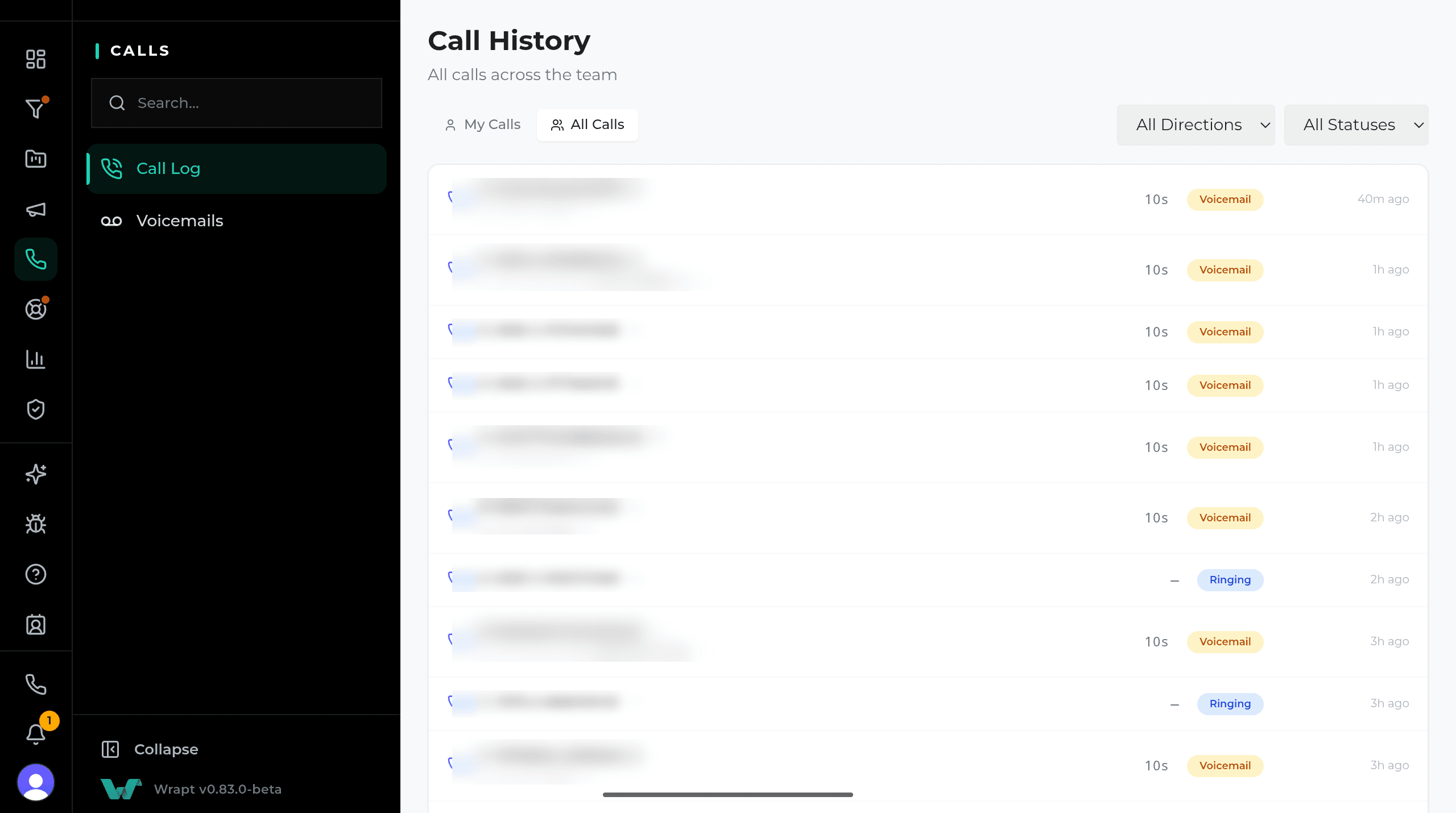 The WRAPT support hub call history, part of the omnichannel inbox that replaced the standalone help desk