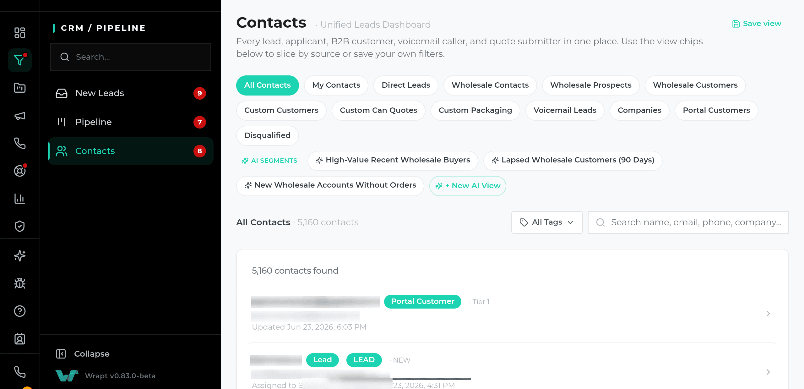 The WRAPT contacts CRM showing the lead table with computed urgency and pipeline stages