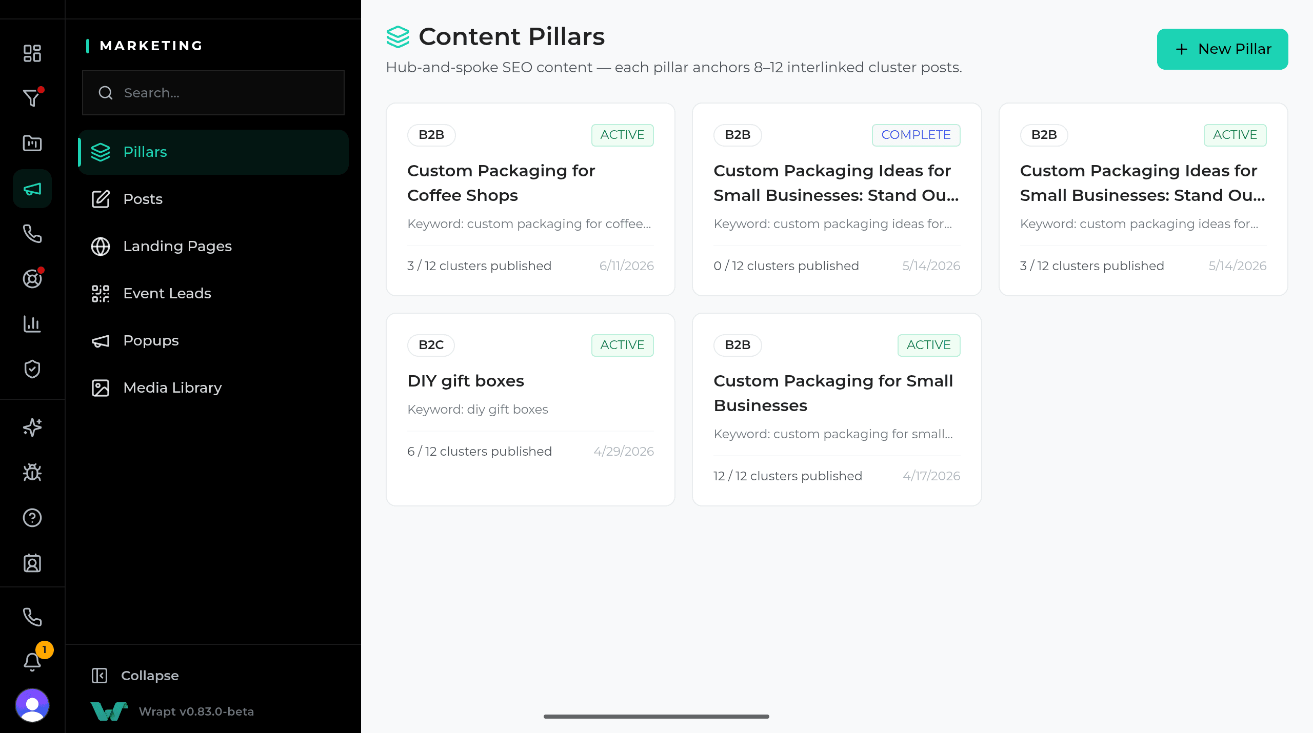 The WRAPT content pillars screen driving the lifecycle marketing and nurture engine