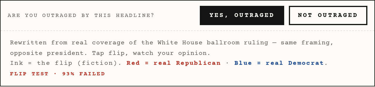 The Double Standard Press Outrage Meter widget — “Are you outraged by this headline?” with Yes / Not-outraged buttons and the flip-test result