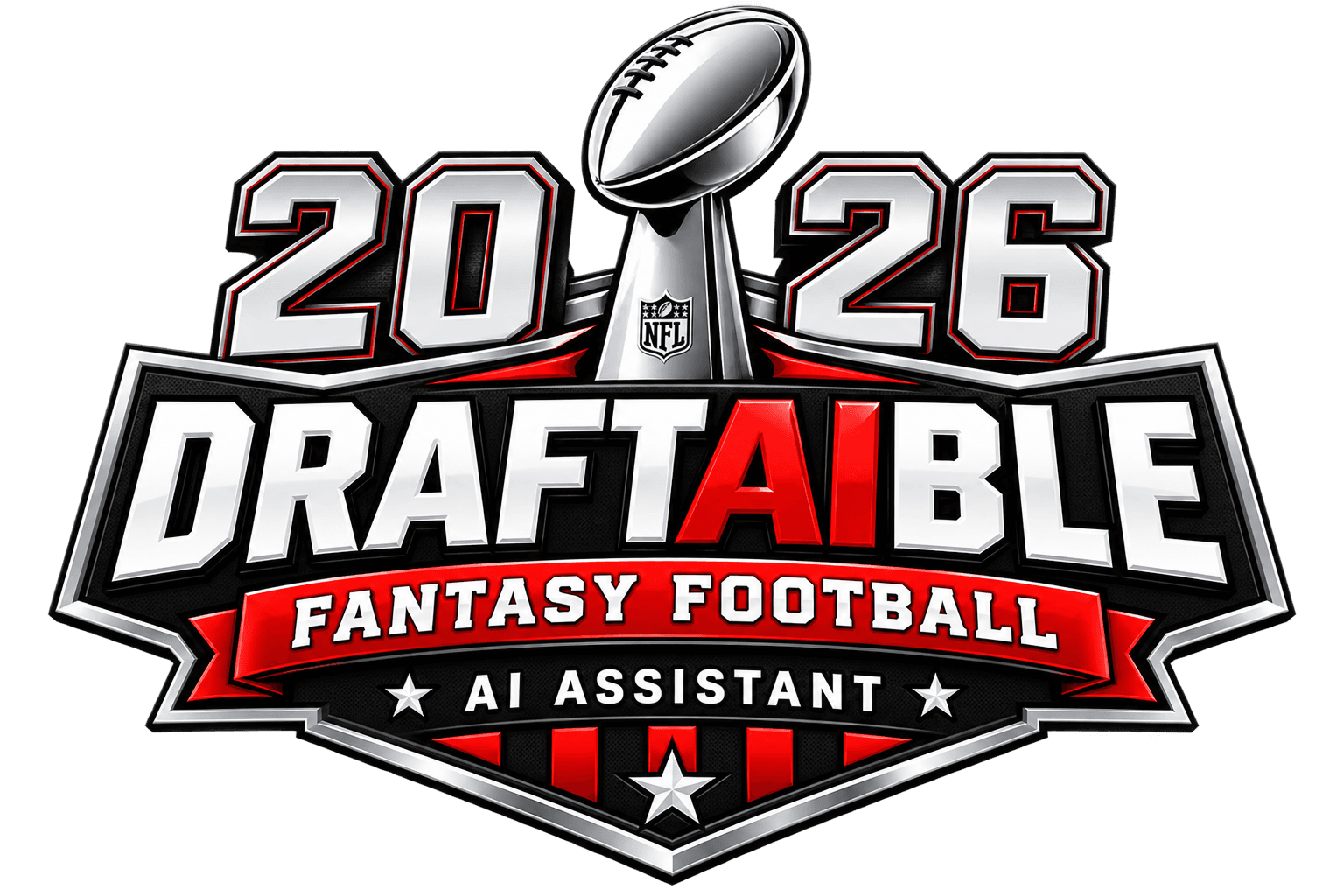 The DraftAIble 2026 crest — a fantasy-football AI assistant league badge in chrome, red, and black
