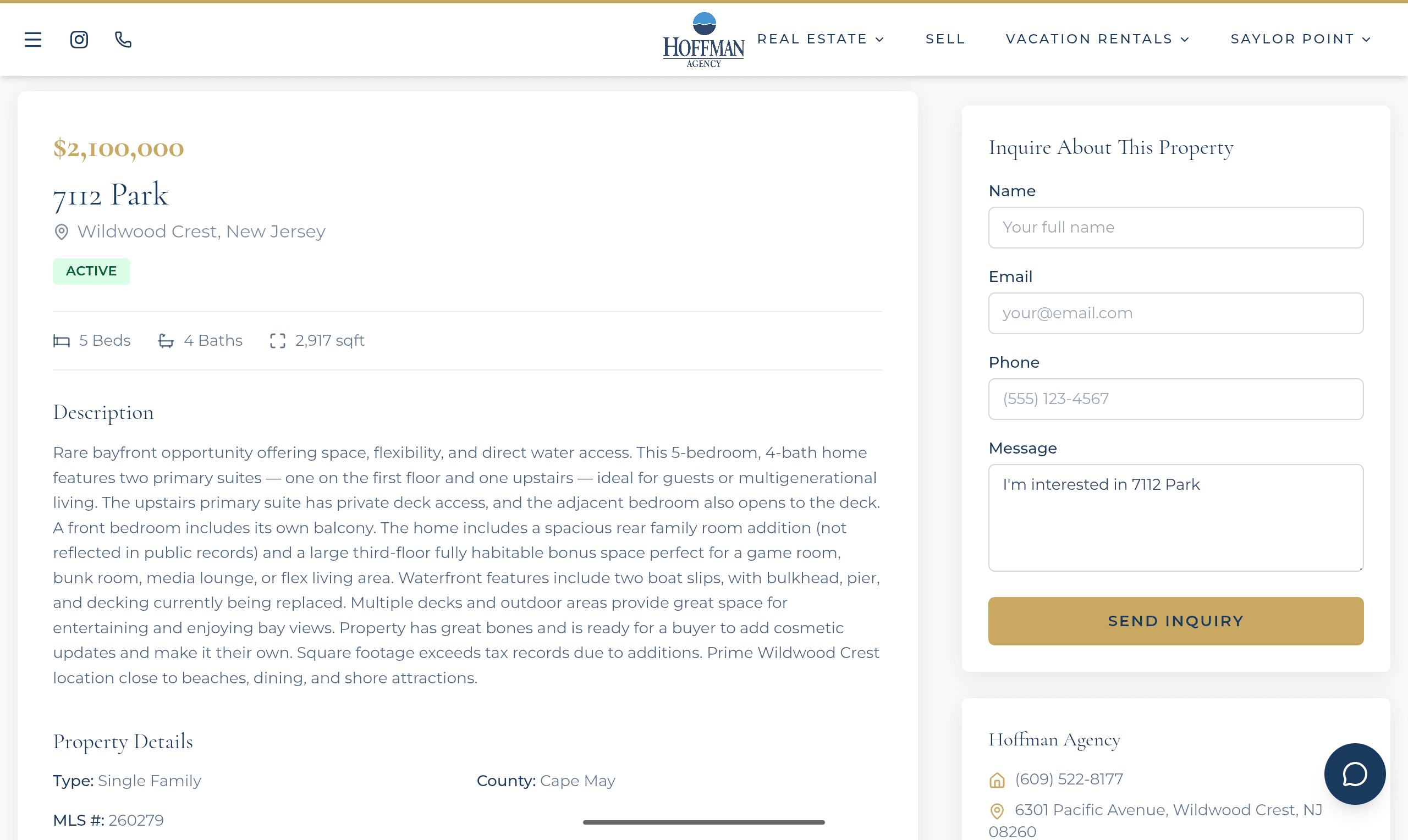 A Hoffman Agency MLS for-sale property detail page for a Wildwood listing, served from the IDX Broker feed