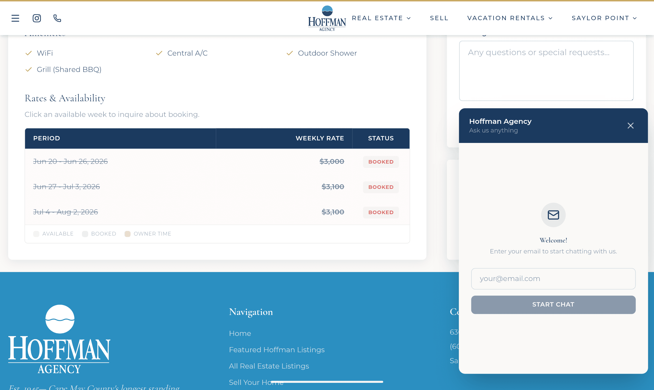 The Hoffman Assistant AI concierge chat widget answering a visitor question on a Hoffman Agency vacation-rental page