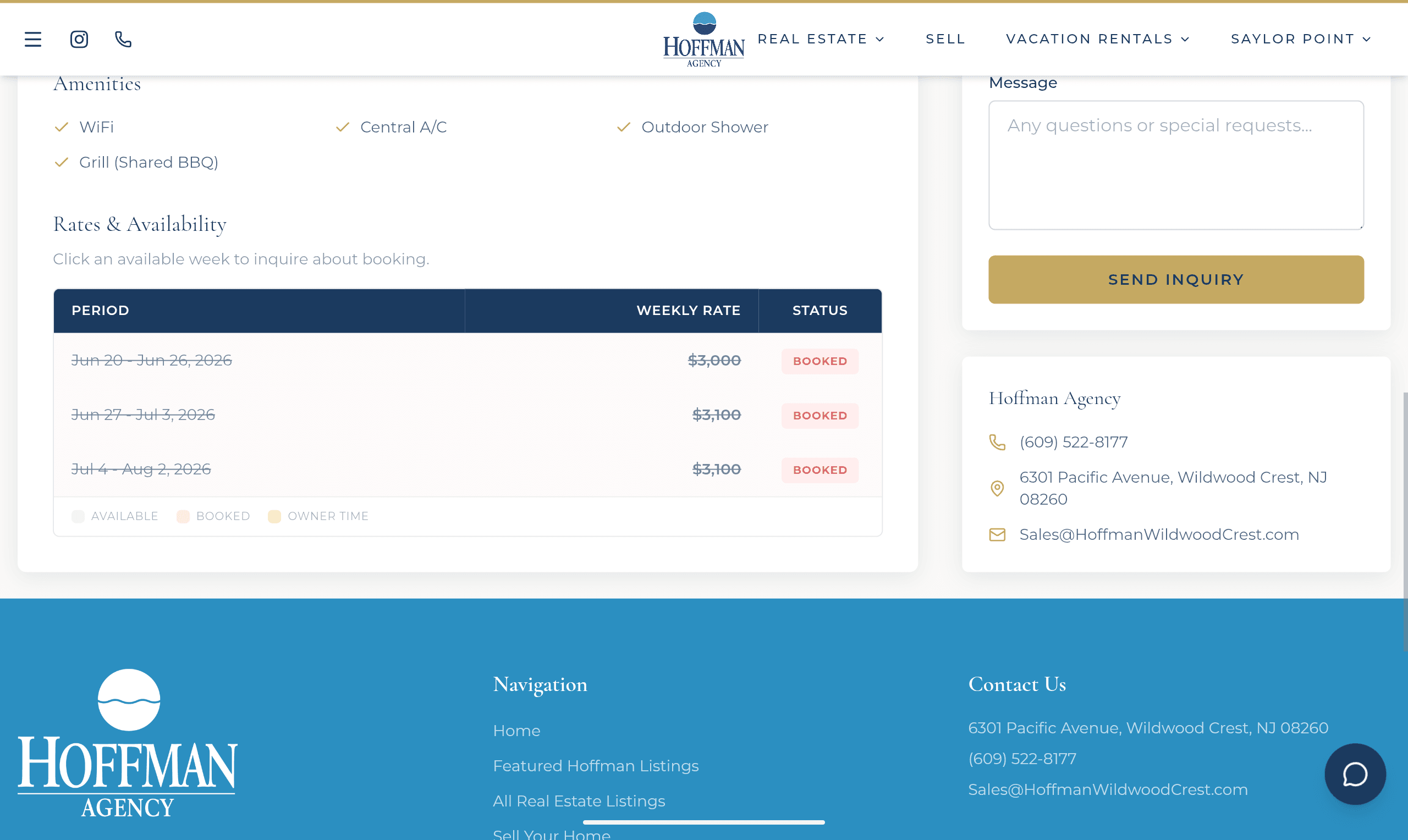 A Hoffman Agency vacation-rental detail page showing rates and availability
