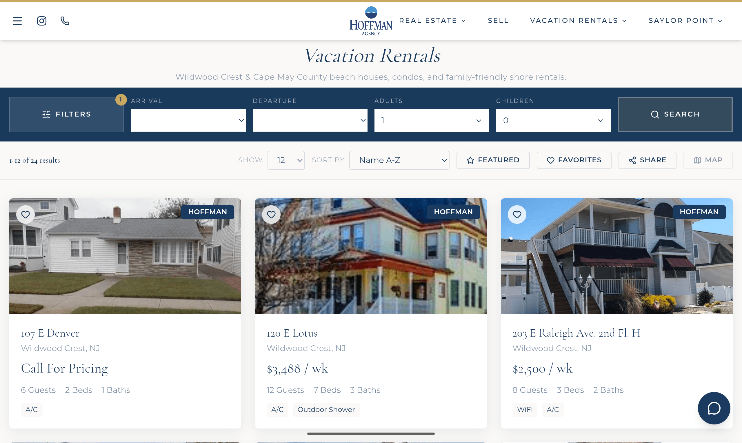 The Hoffman Agency vacation-rentals search and listing view for Wildwood-area rentals