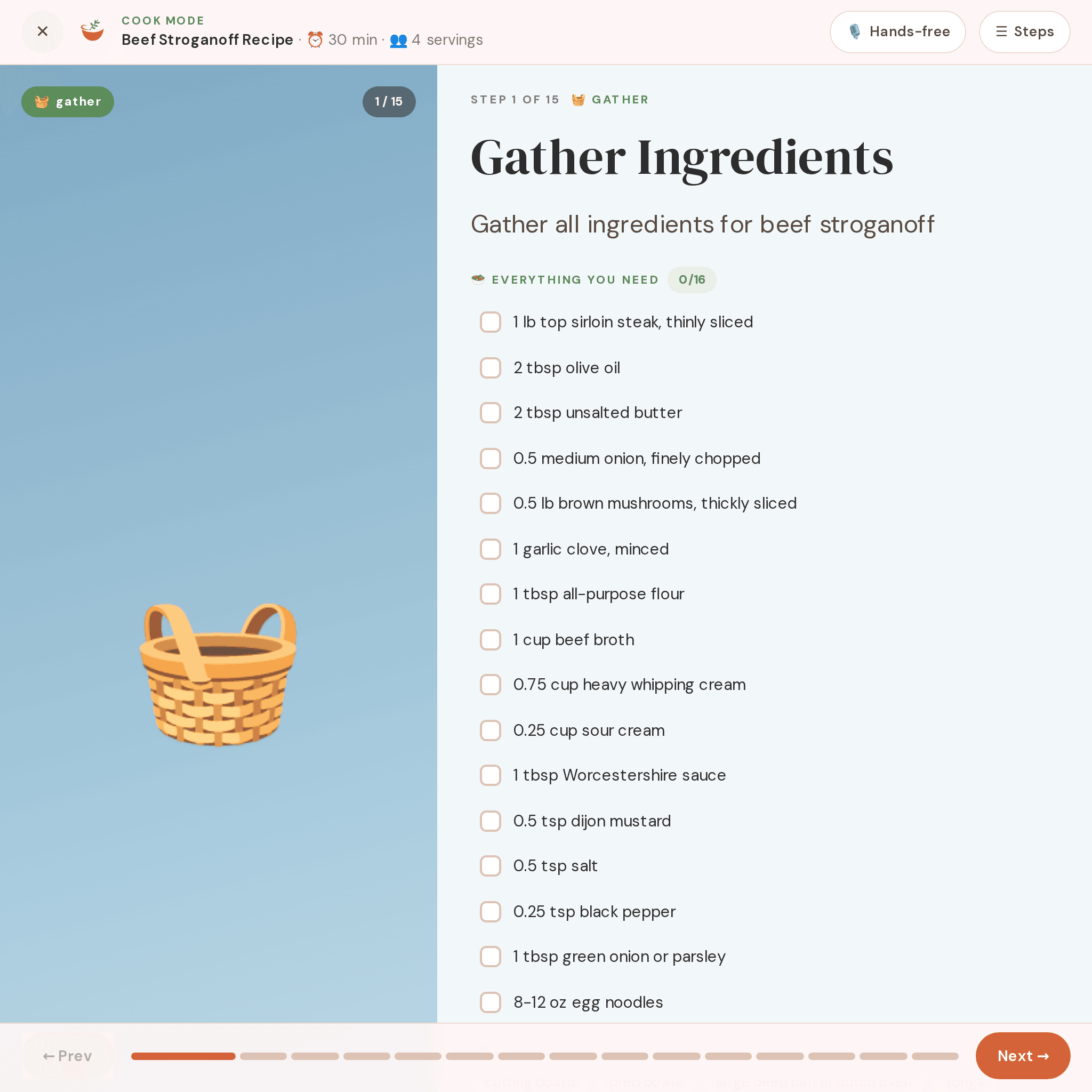 Meez Cook Mode step — Gather ingredients