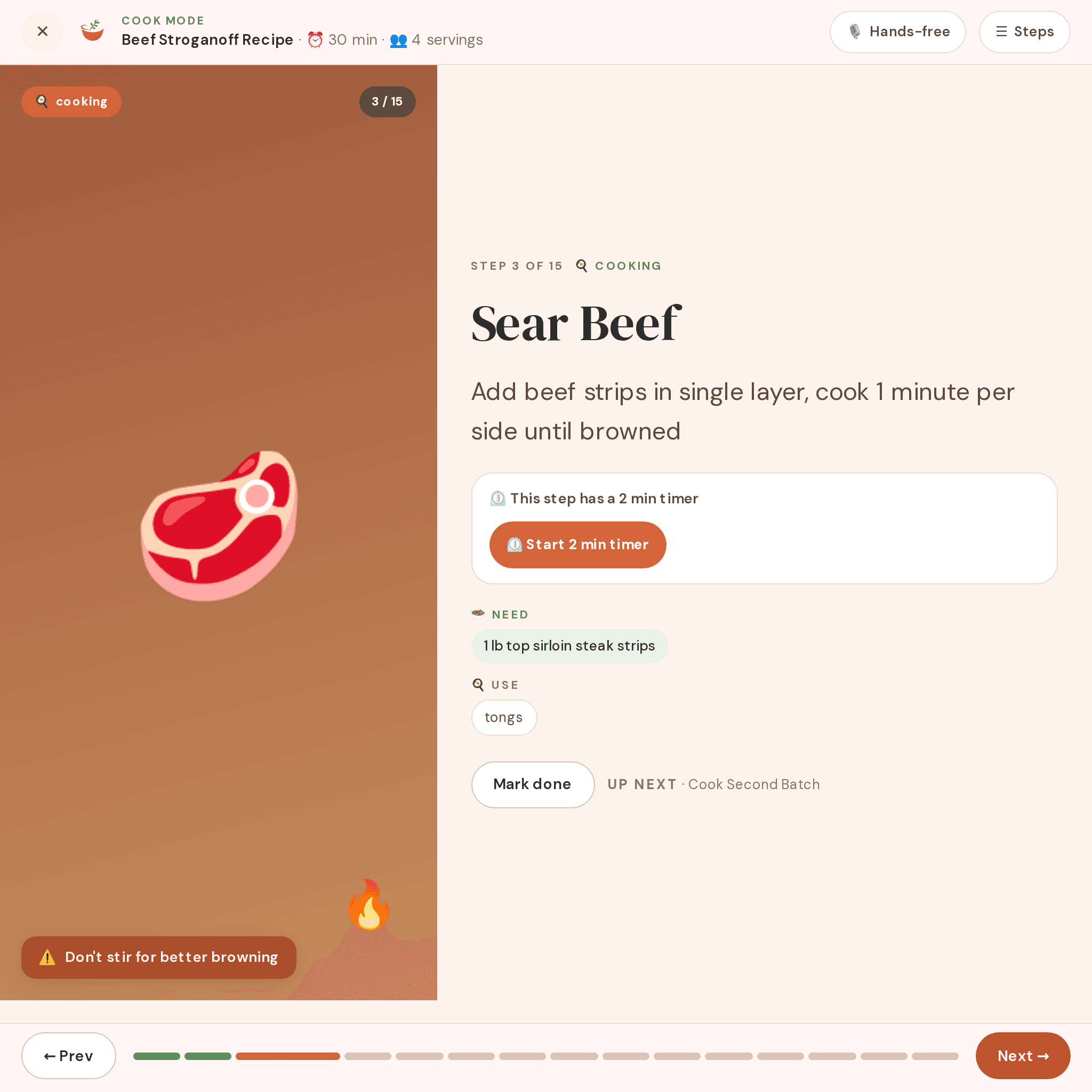 Meez AI Cooking App — Cook Mode searing beef, a live product built and operated by iOLab Digital