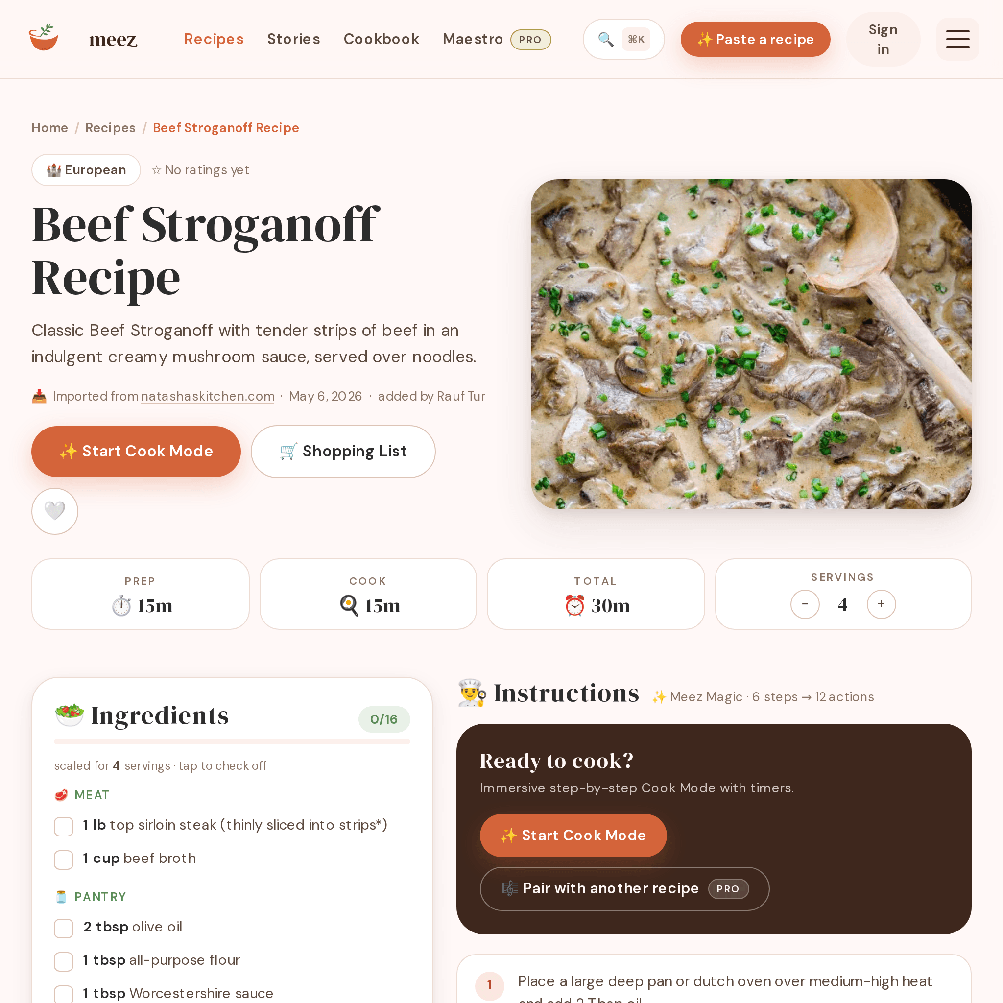 A clean, structured Meez recipe detail page for Beef Stroganoff, themed to its cuisine