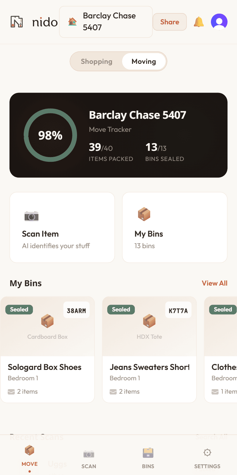 Nido Move Tracker dashboard on a phone screen