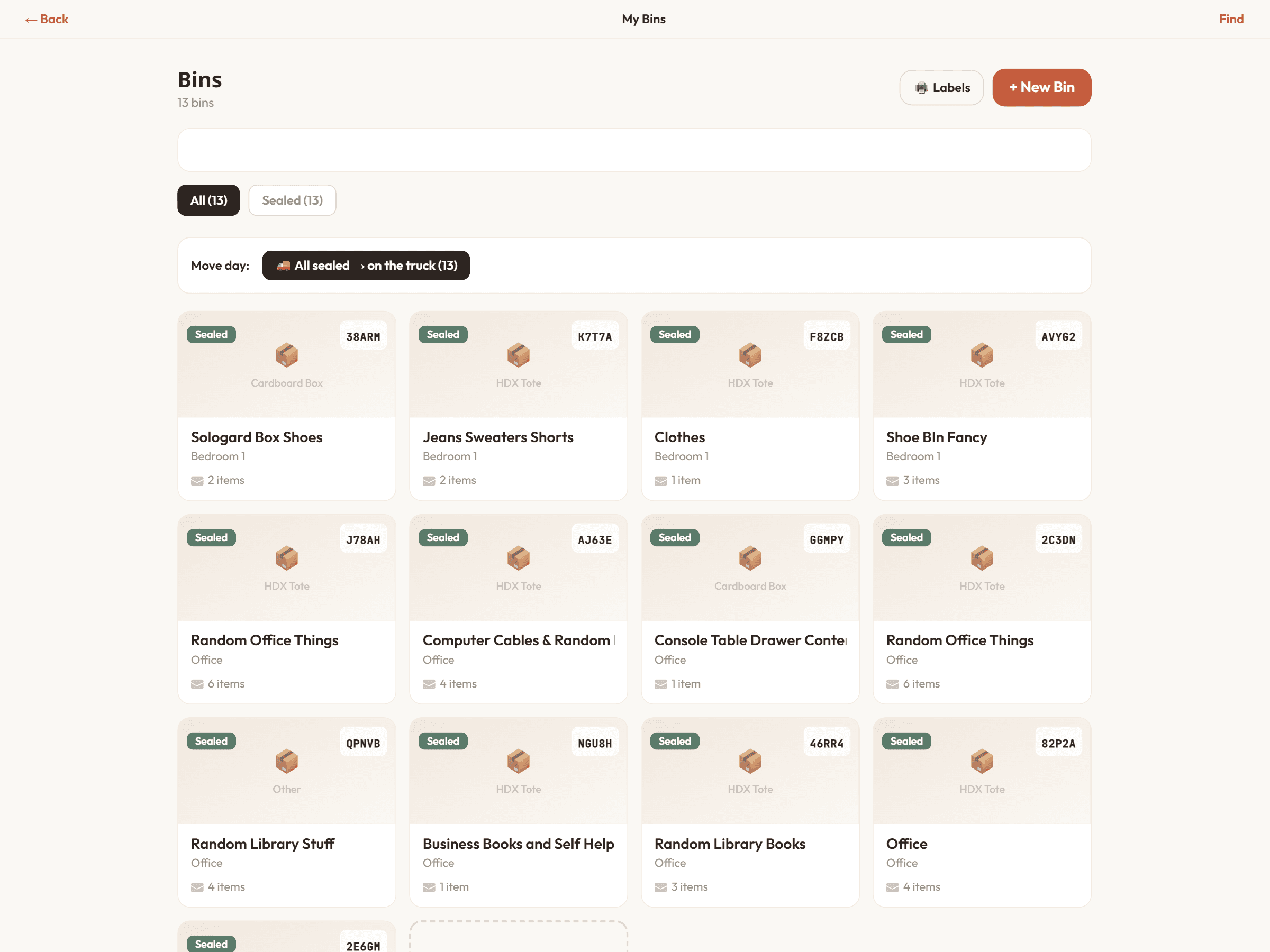 The Nido bins grid showing packed bins with QR serials, container types, and sealed status