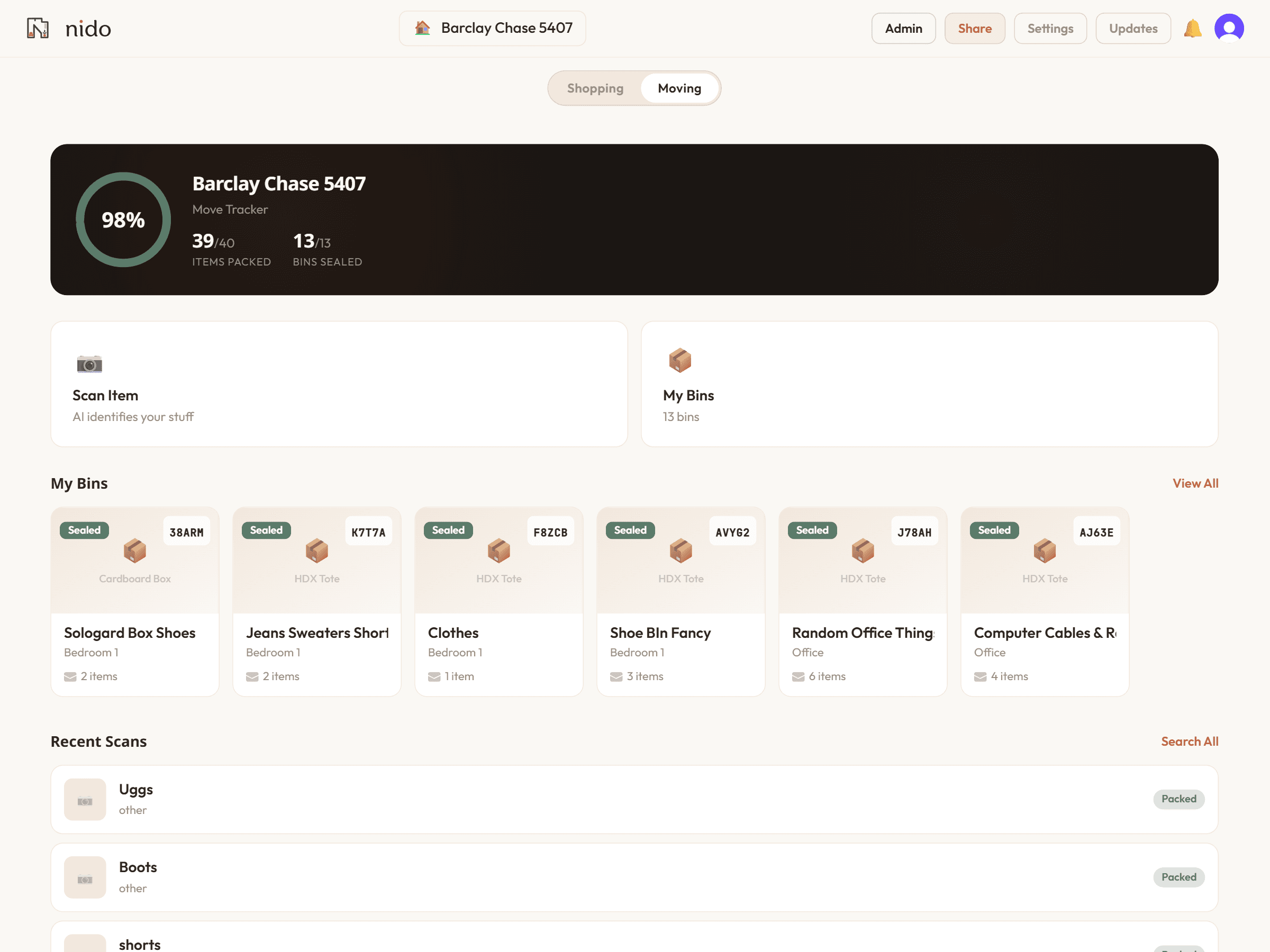 The Nido Move Tracker dashboard showing packing progress across rooms