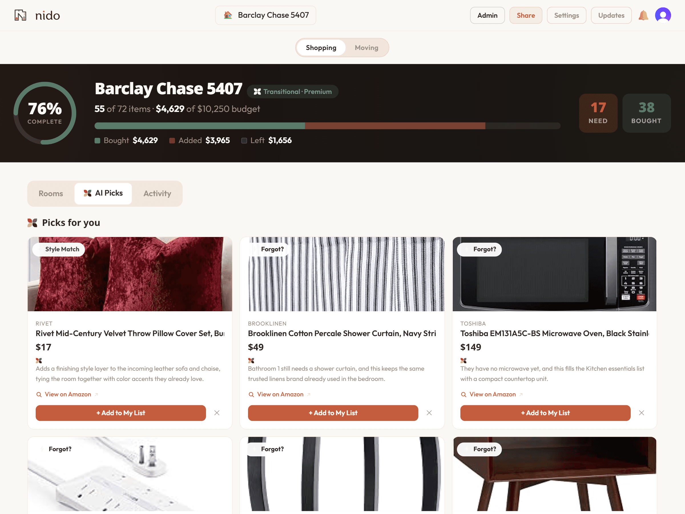 The Nido AI picks view surfacing budget-friendly, style-matched product swaps