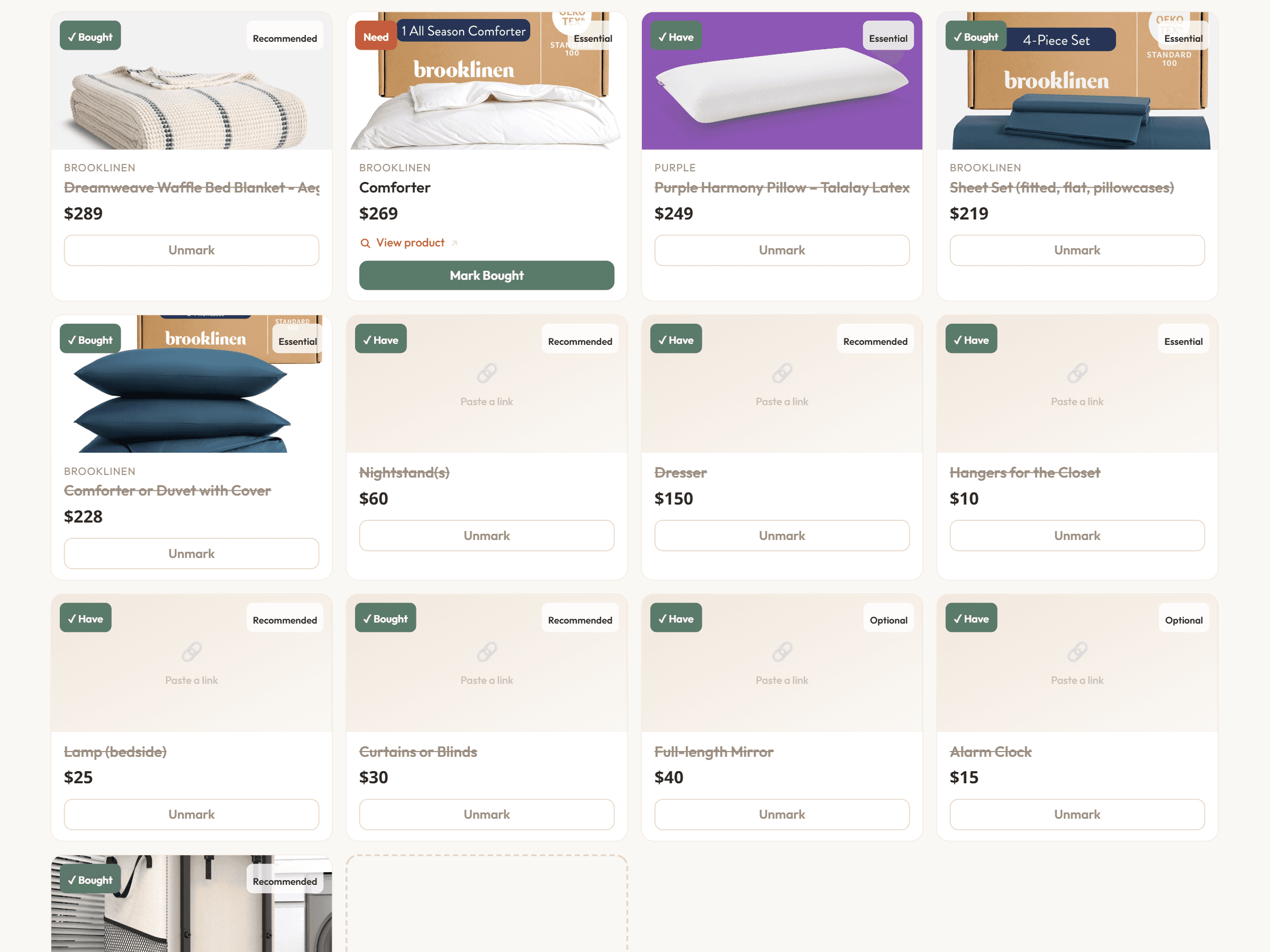 A Nido room detail showing items with prices and priorities, plus paste-a-link product entry