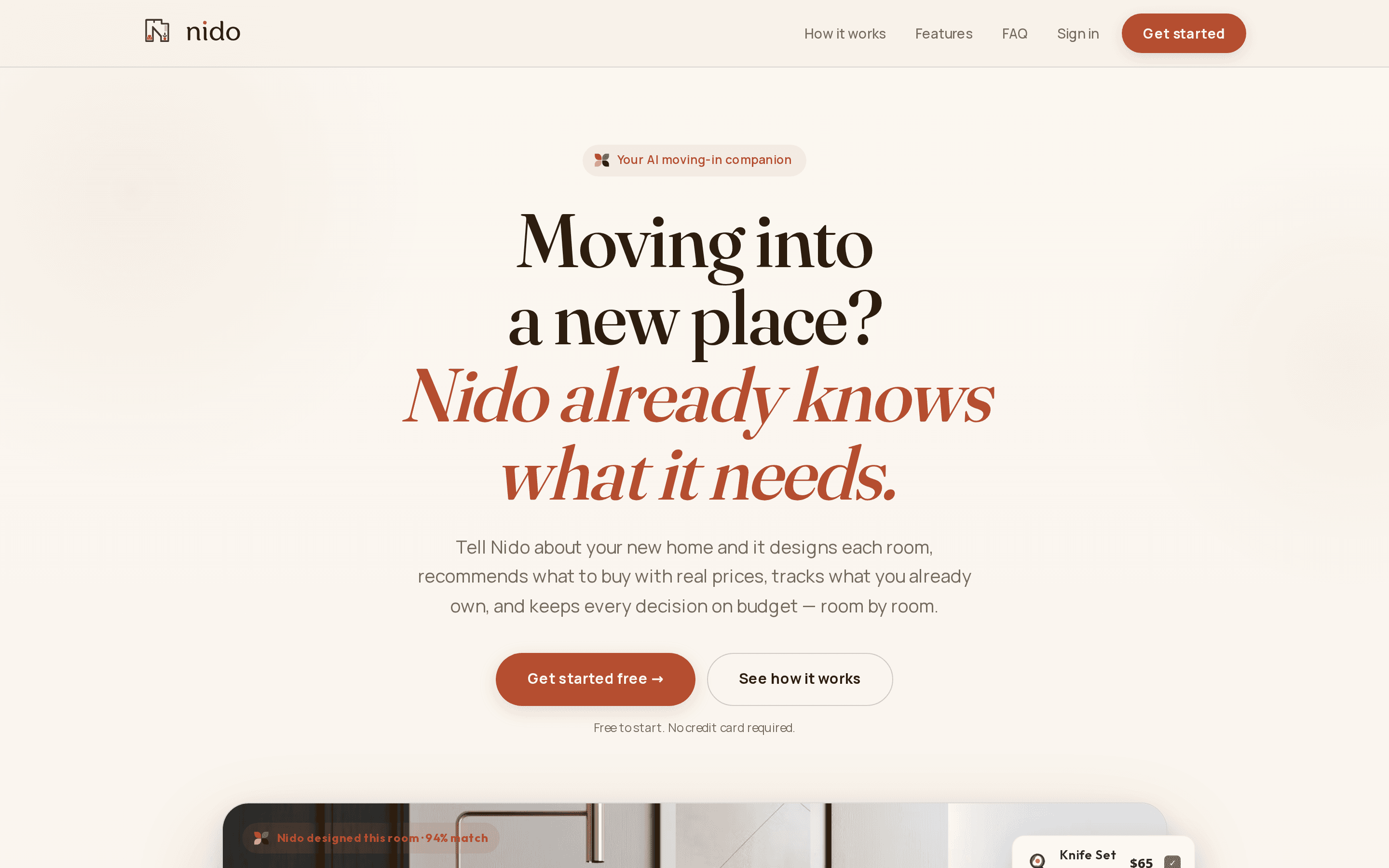 The Nido marketing site hero — moving into a new place, we got you