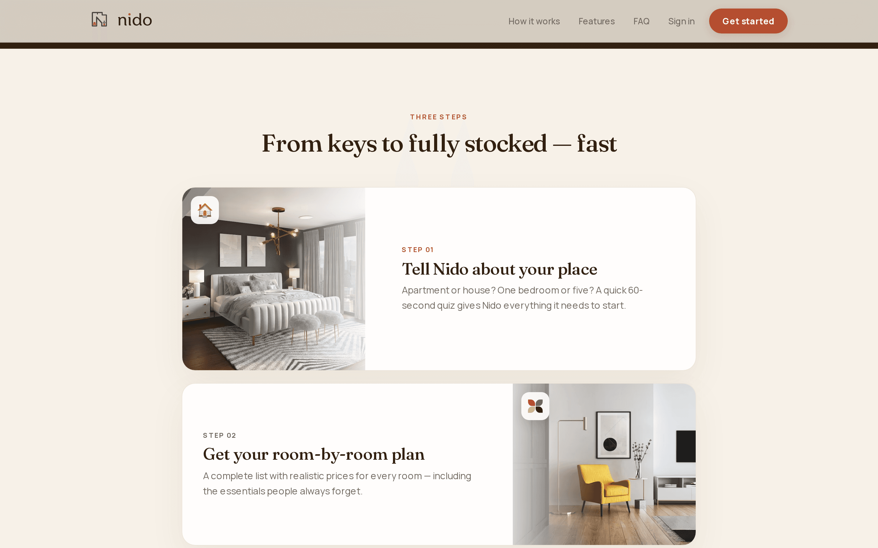 The Nido How It Works section explaining the AI checklist flow