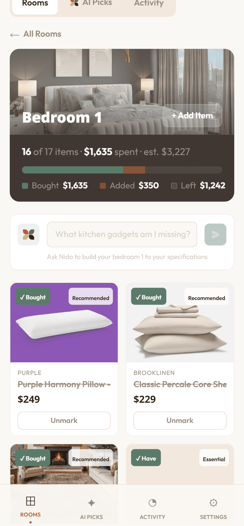 The Nido app on a phone — the shopping checklist with budget tracking and AI savings