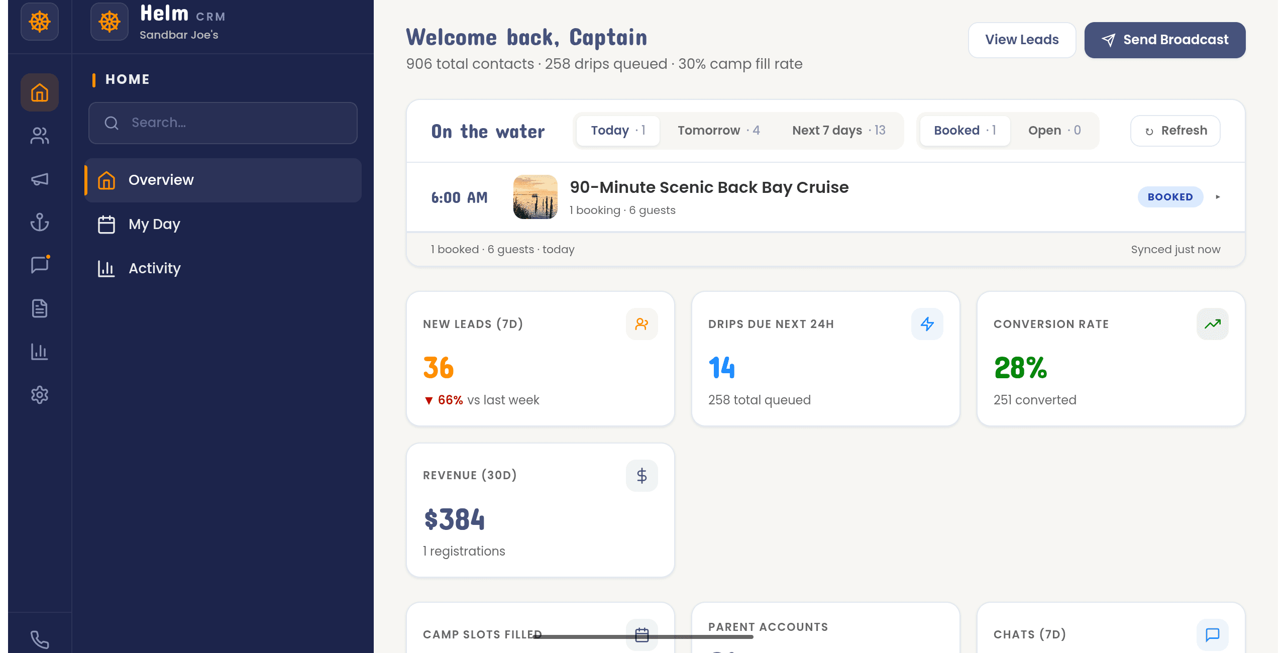 Sand Bar Joe's — Charter booking app home screen, a custom platform built by iOLab Digital