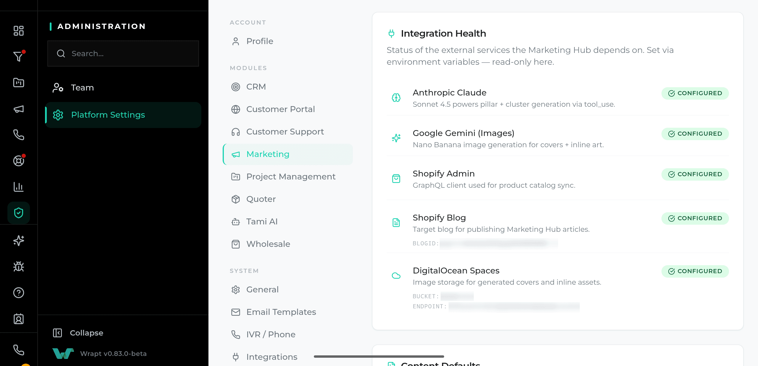 The WRAPT integration-health settings screen monitoring the GoFlow, QuickBooks, and Shifl connections
